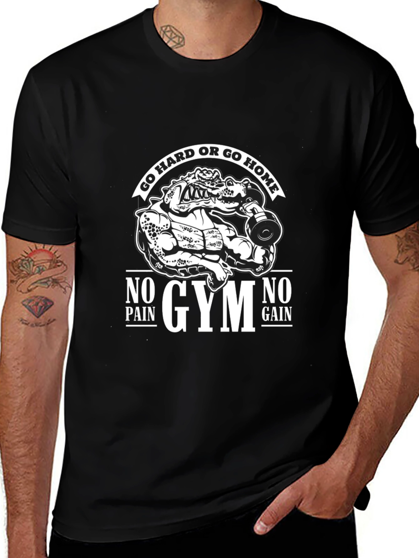 Variant 6 of Gym Motivation Graphic Tee - No Pain No Gain Alligator Design