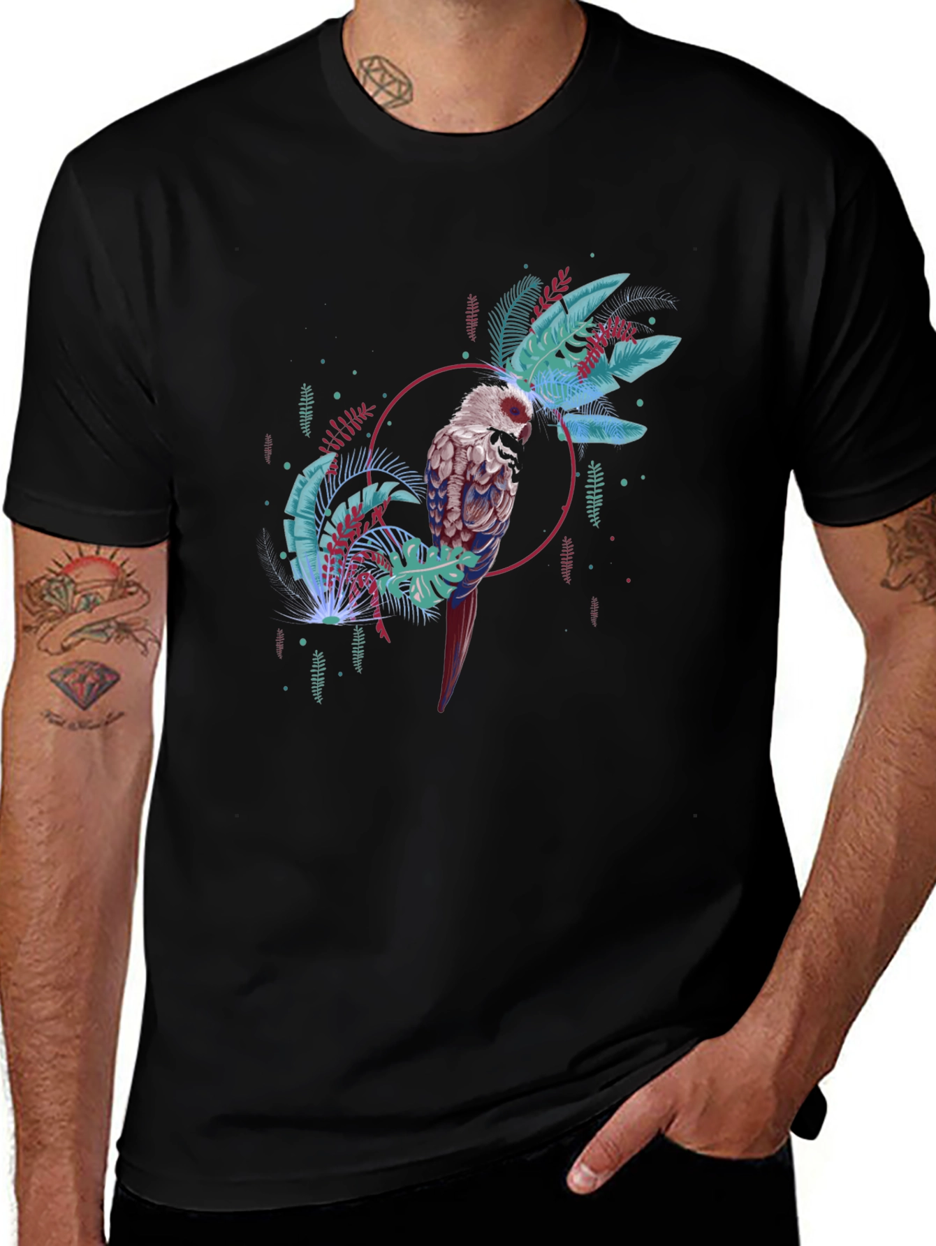 Variant 26 of Tropical Bird Graphic Tee - Black Casual T-Shirt