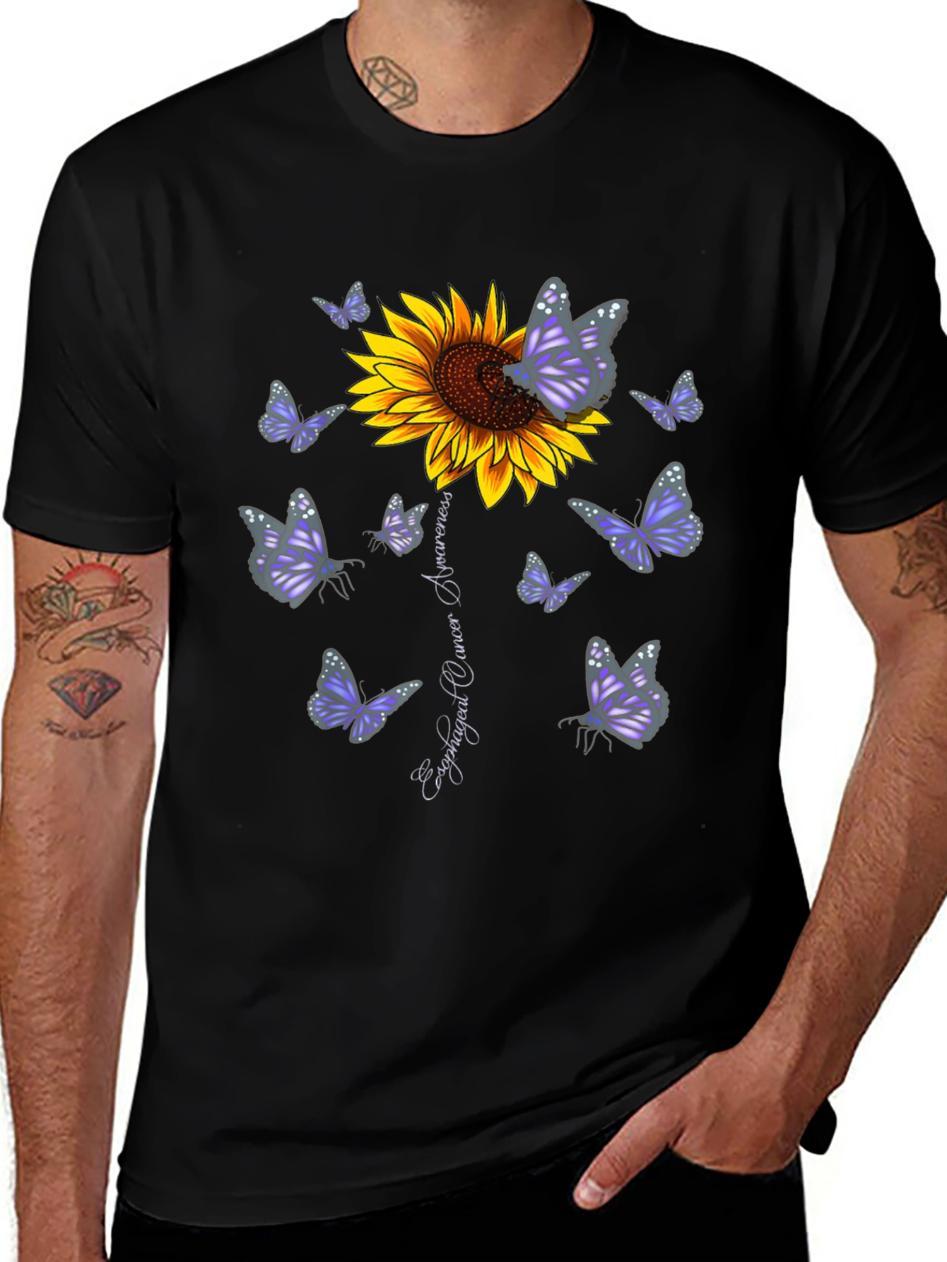 Sunflower & Butterfly Esophageal Cancer Awareness T-Shirt