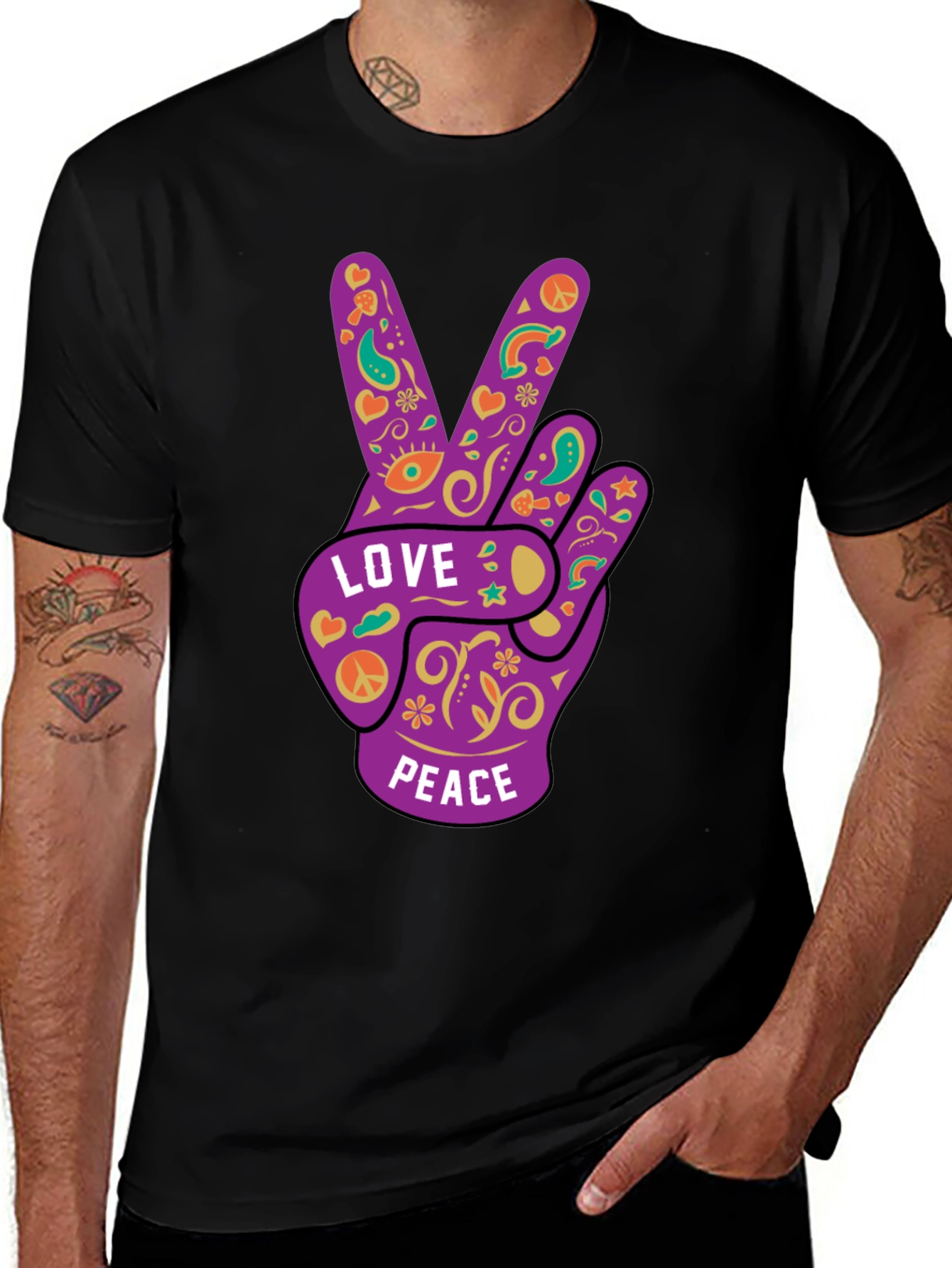 Variant 23 of Love & Peace Hand Sign Graphic Tee - Black Cotton Blend