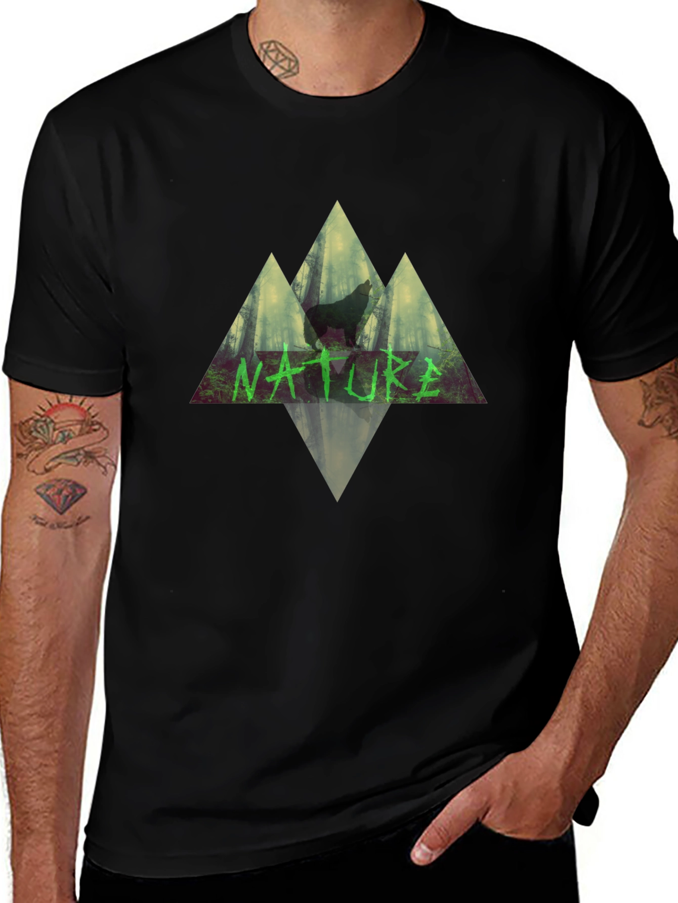 Variant 26 of Nature Wolf Triangle Graphic Black T-Shirt