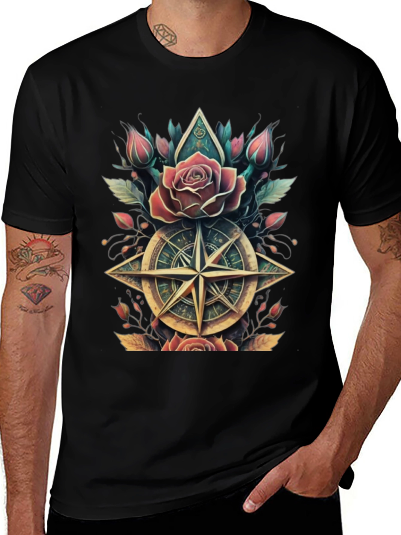 Variant 19 of Rose & Compass Graphic Tee - Stylish Men's Black T-Shirt