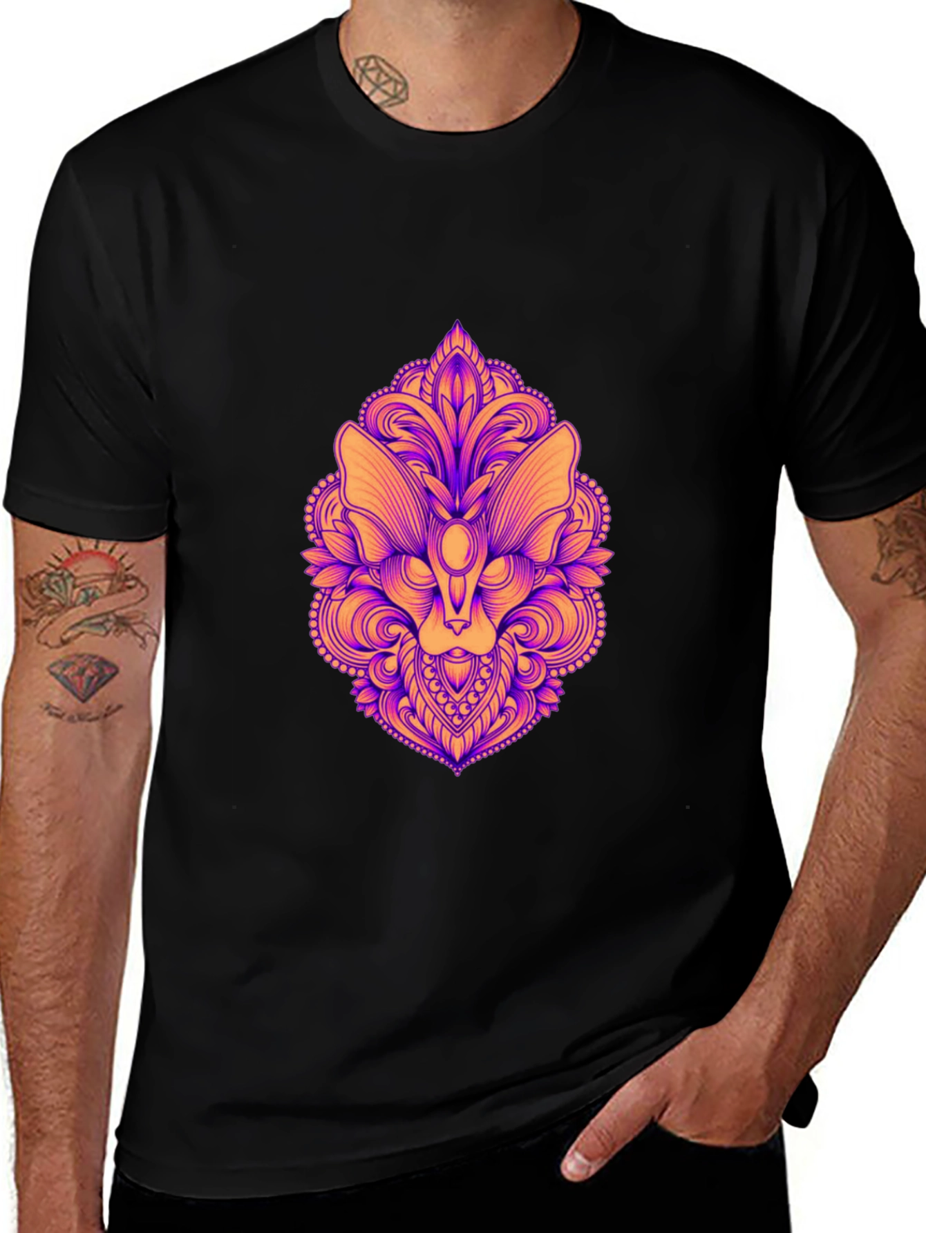 Ornate Cat Head Graphic Black T-Shirt