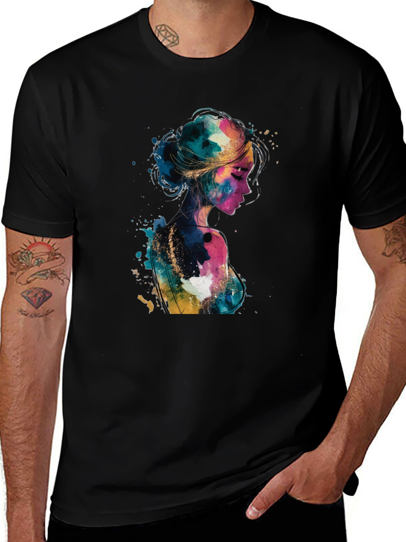 Variant 17 of Colorful Watercolor Woman Graphic Black T-Shirt
