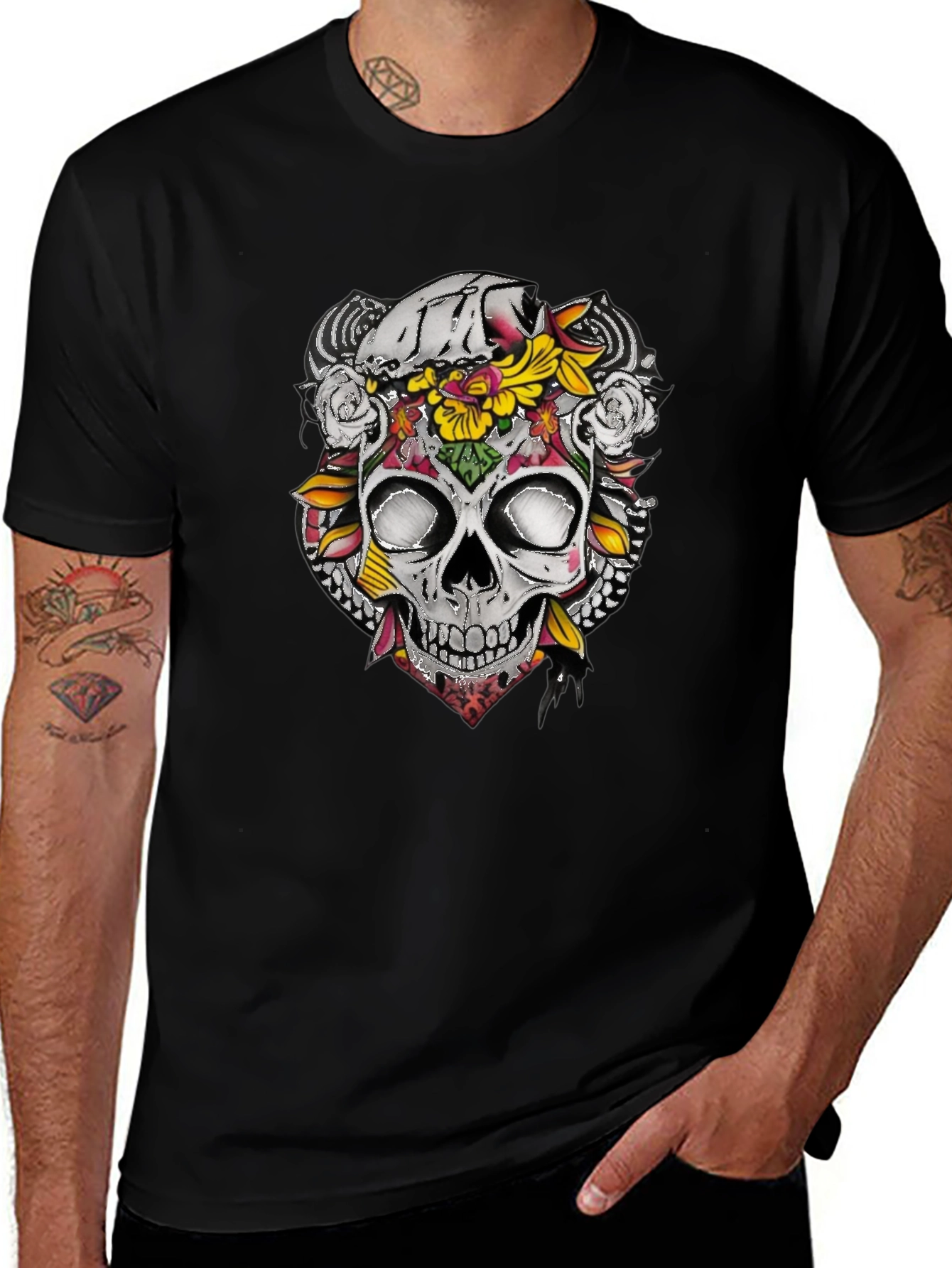 Variant 17 of Floral Skull Graphic T-Shirt - Dark