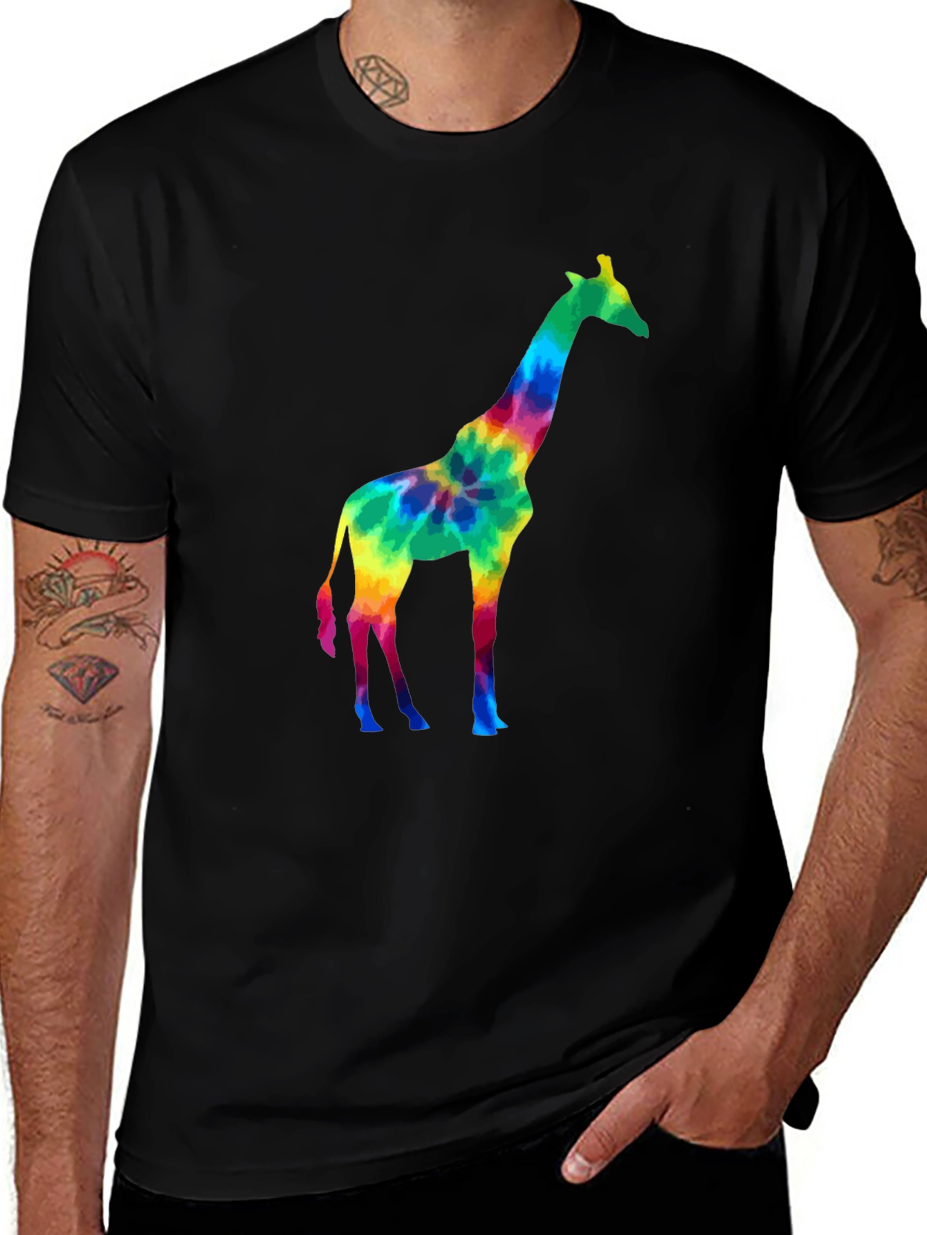 Variant 22 of Tie-Dye Giraffe Graphic Tee - Stylish Men's Black T-Shirt