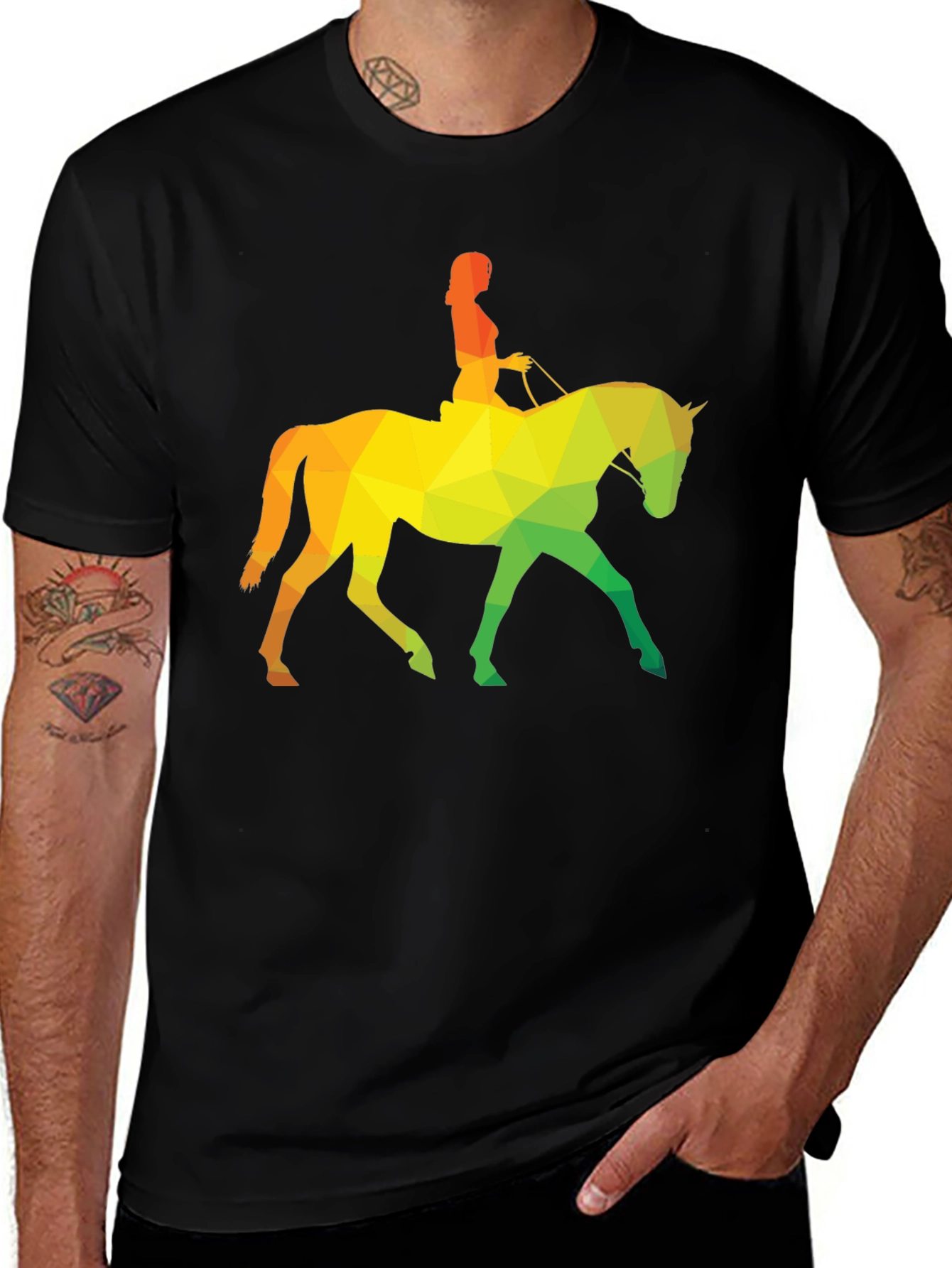 Variant 30 of Geometric Horse Rider Graphic Tee - Black Cotton Shirt
