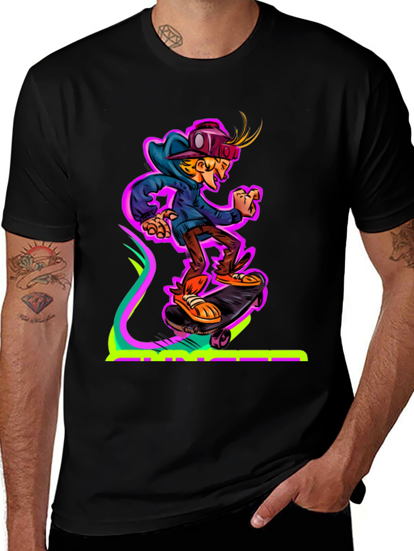 Variant 7 of Skateboarding Cartoon Graphic Black T-Shirt