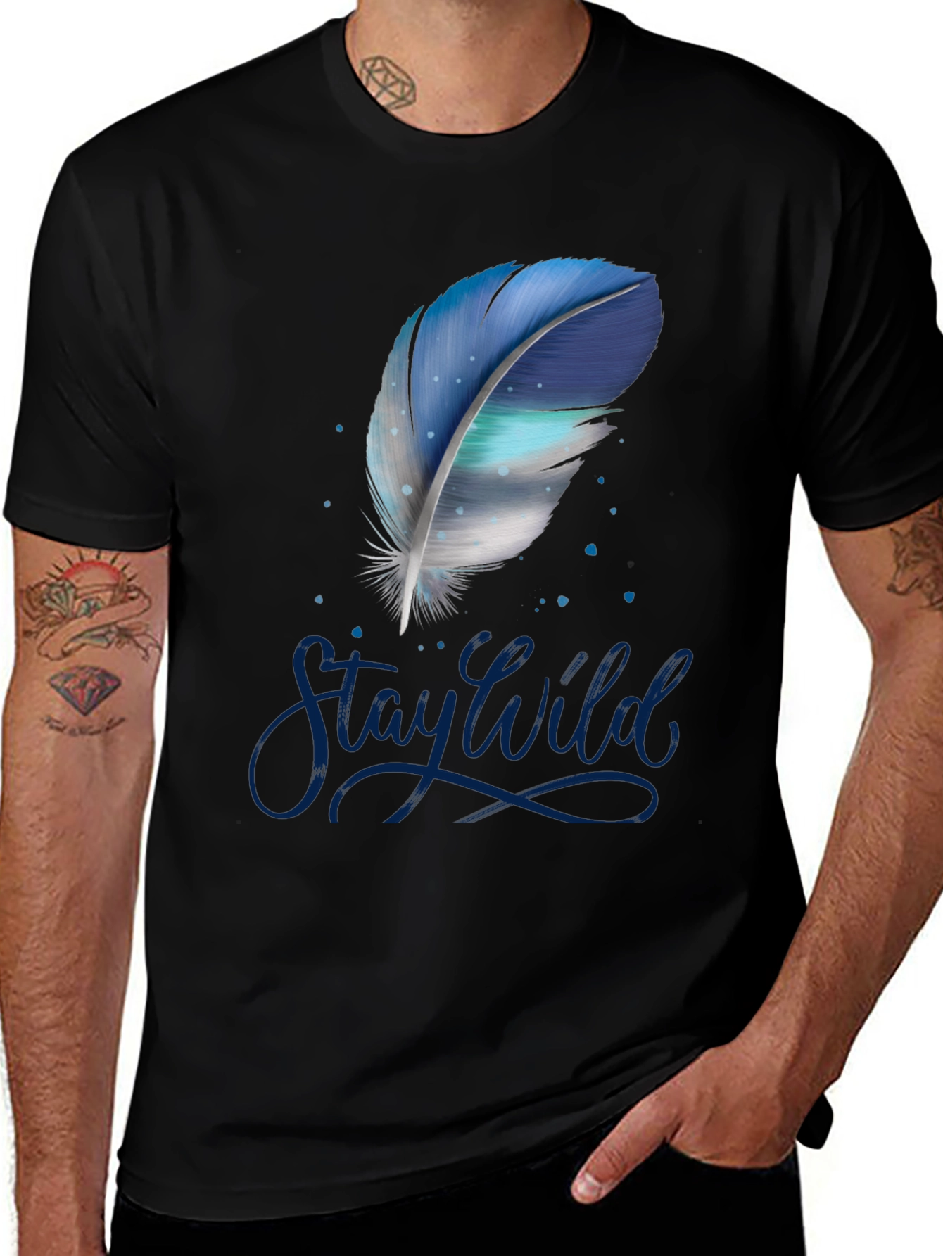 Variant 8 of Stay Wild Feather Graphic Tee - Black Cotton T-Shirt