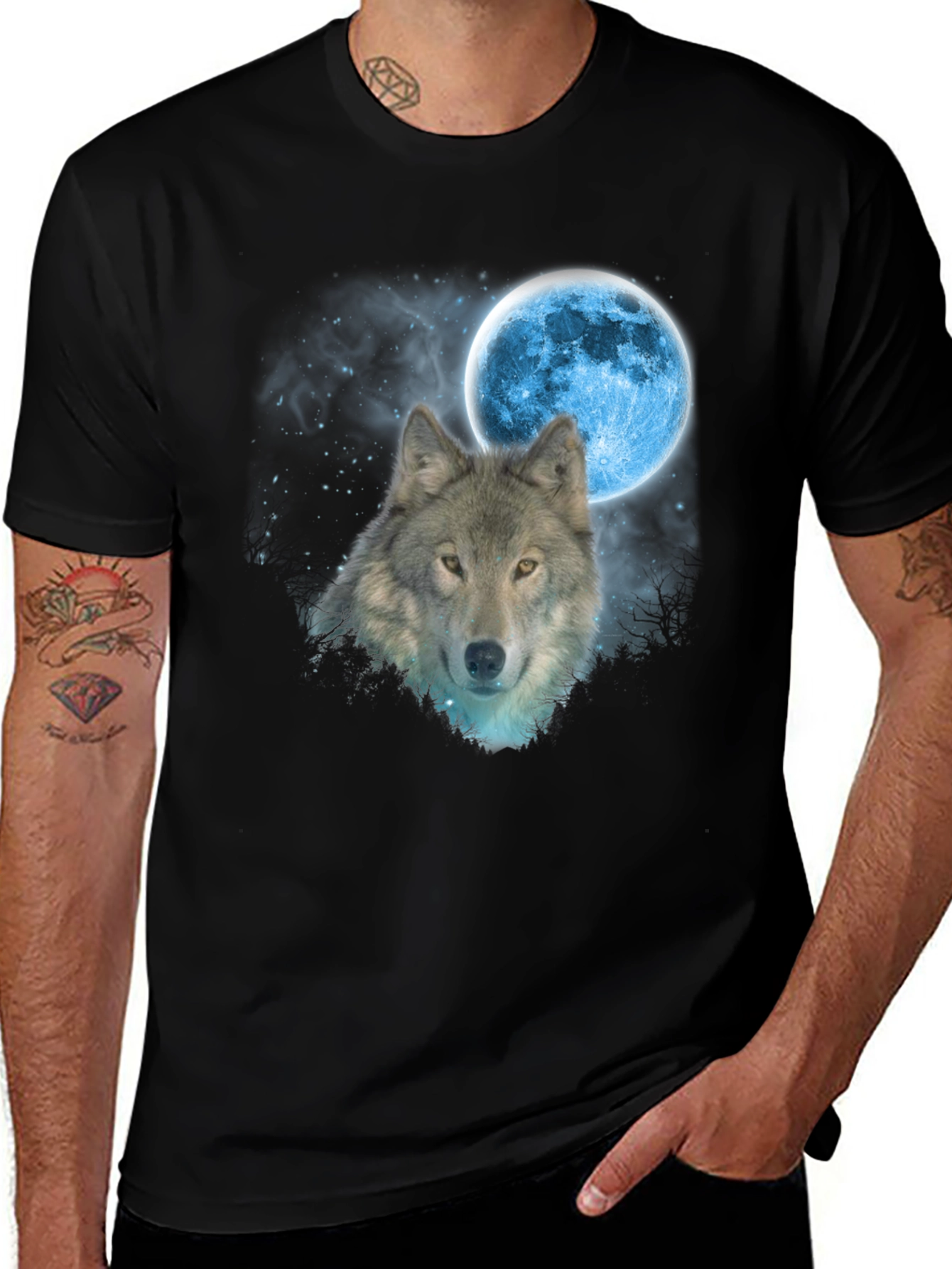 Variant 8 of Wolf Moon Graphic T-Shirt - Black Cotton Blend