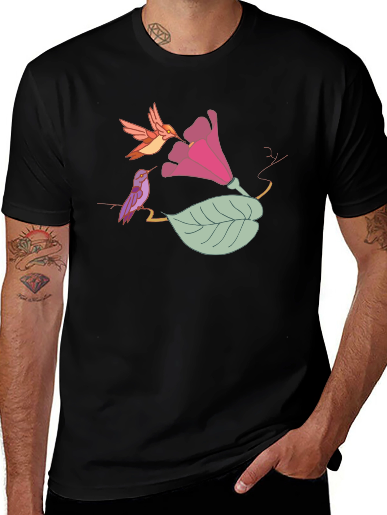 Variant 23 of Hummingbird Floral Black T-Shirt