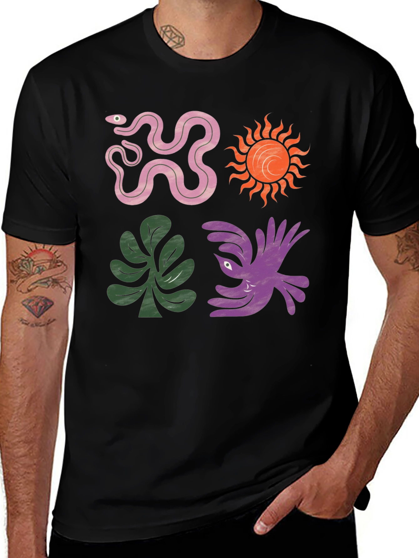 Variant 5 of Trendy Graphic Tee - Snake, Sun, Plant, Bird Design