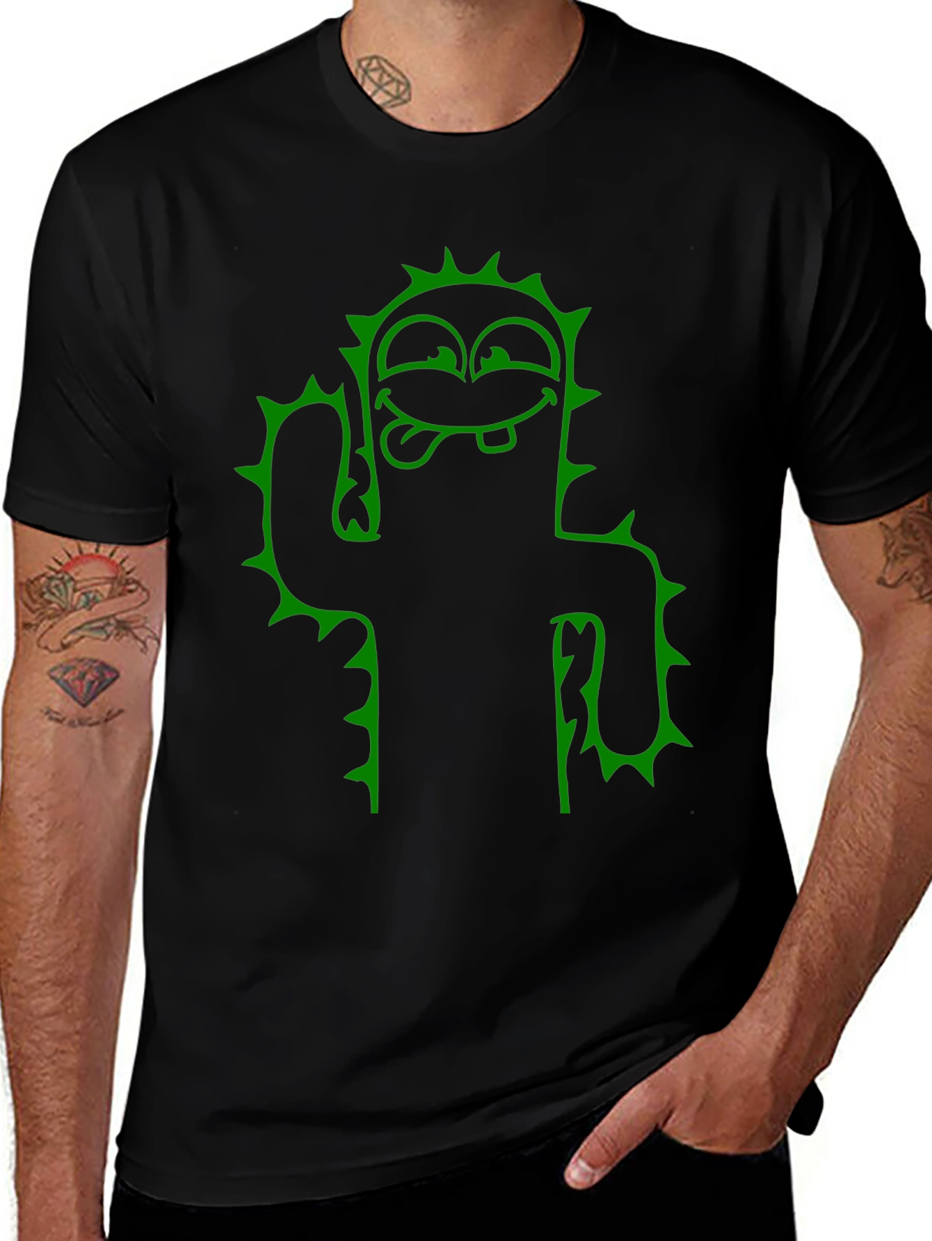 Variant 11 of Funny Cartoon Cactus Graphic Tee - Unisex Black T-Shirt