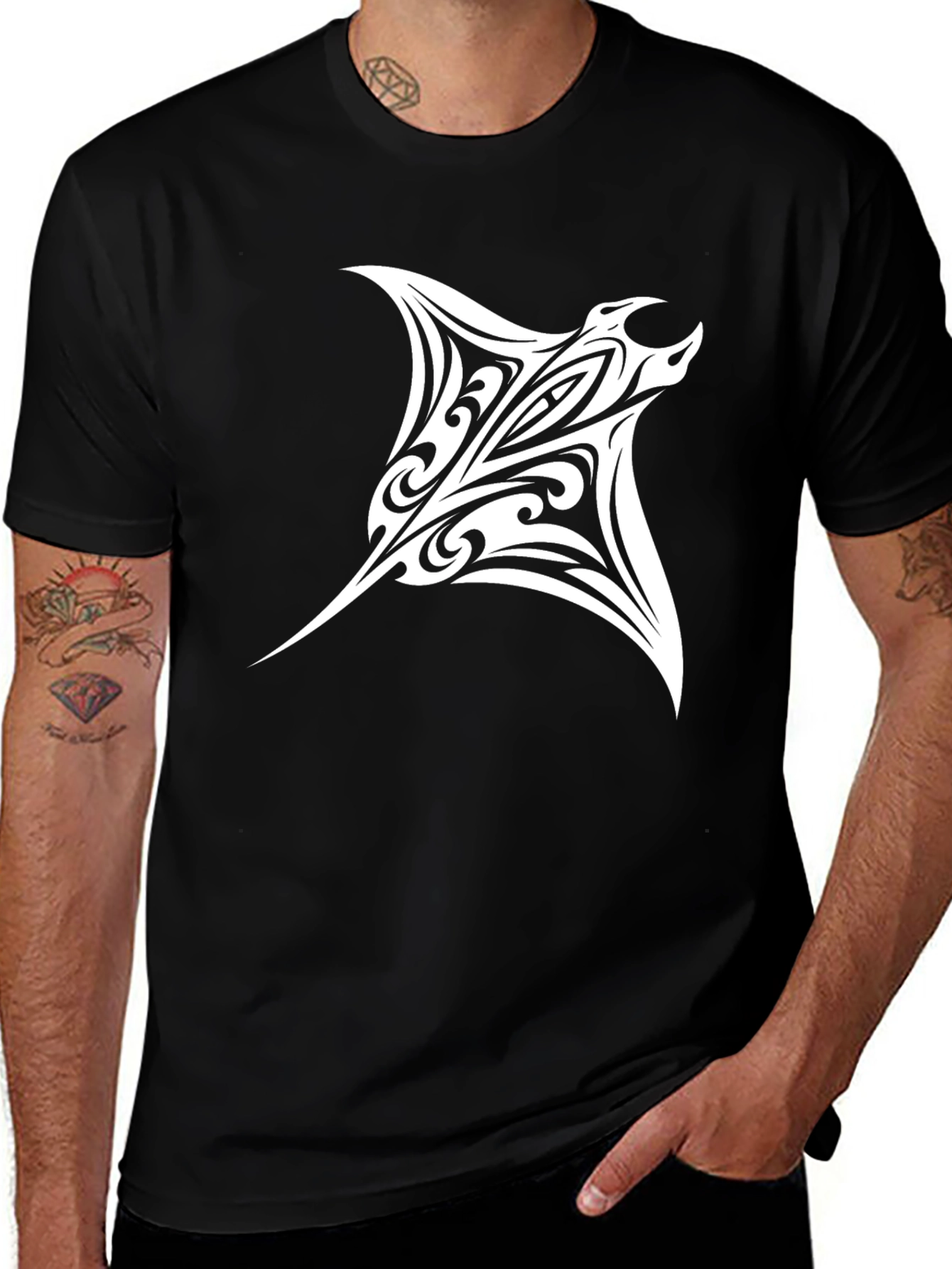 Variant 7 of Tribal Manta Ray Graphic Tee - Black