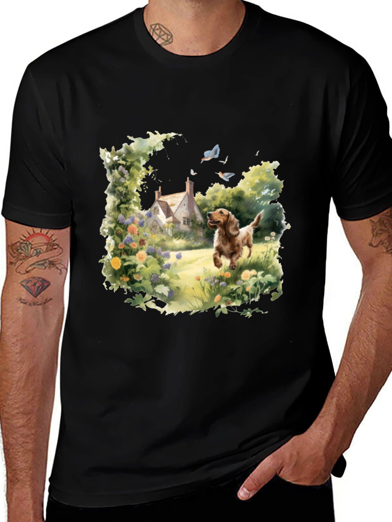 Watercolor Dog & Cottage Graphic T-Shirt