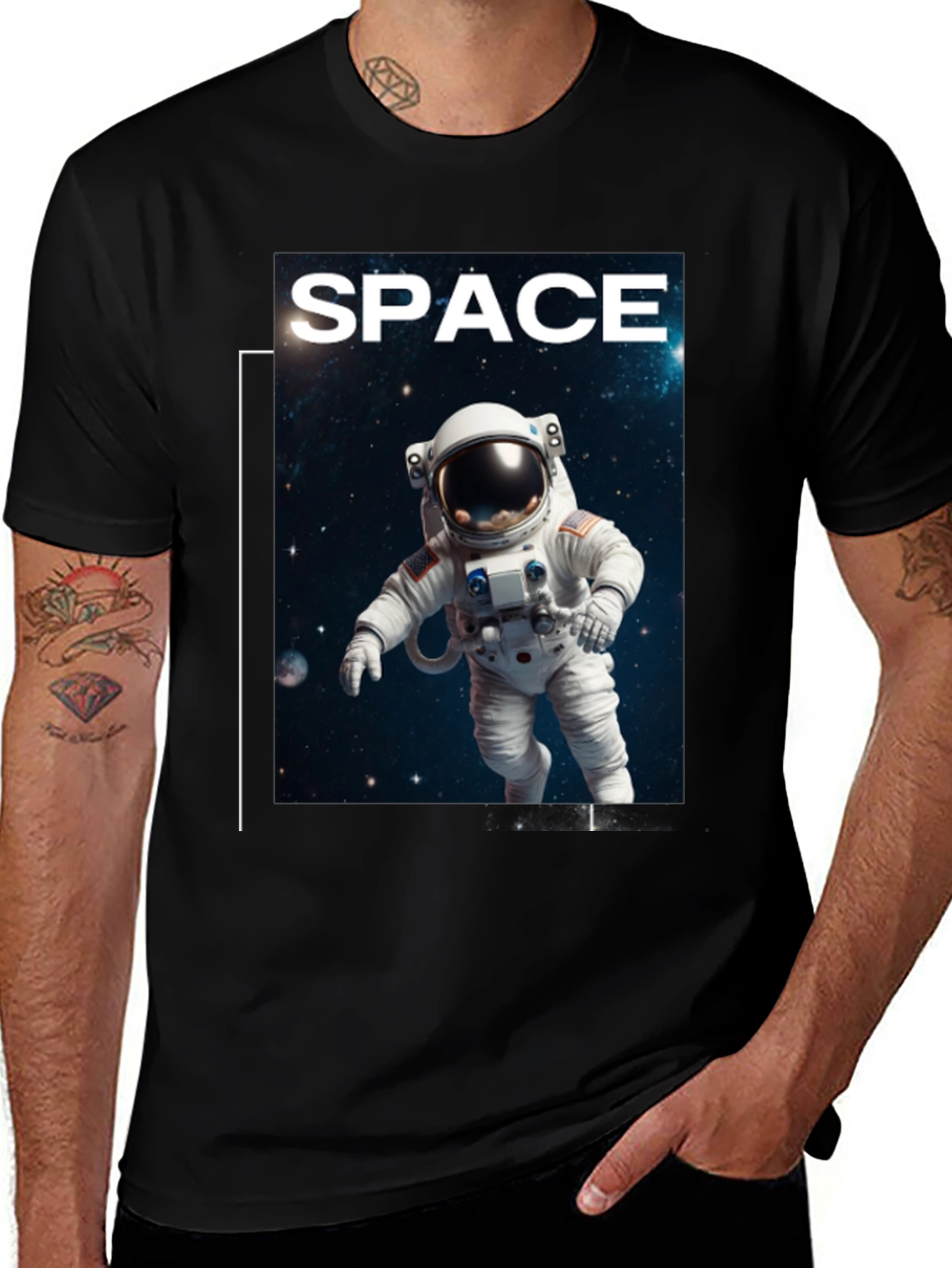 Variant 21 of Space Astronaut Graphic T-Shirt - Black Cotton Tee