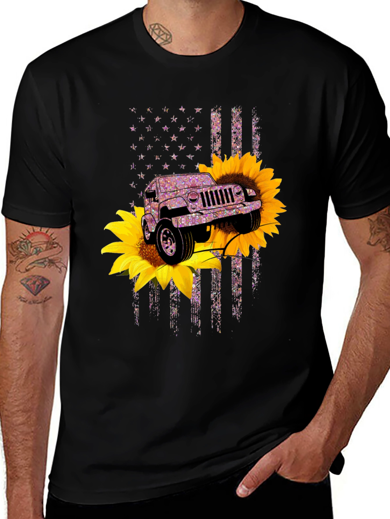 Black Sunflower Jeep T-Shirt - Patriotic Flag Design main image