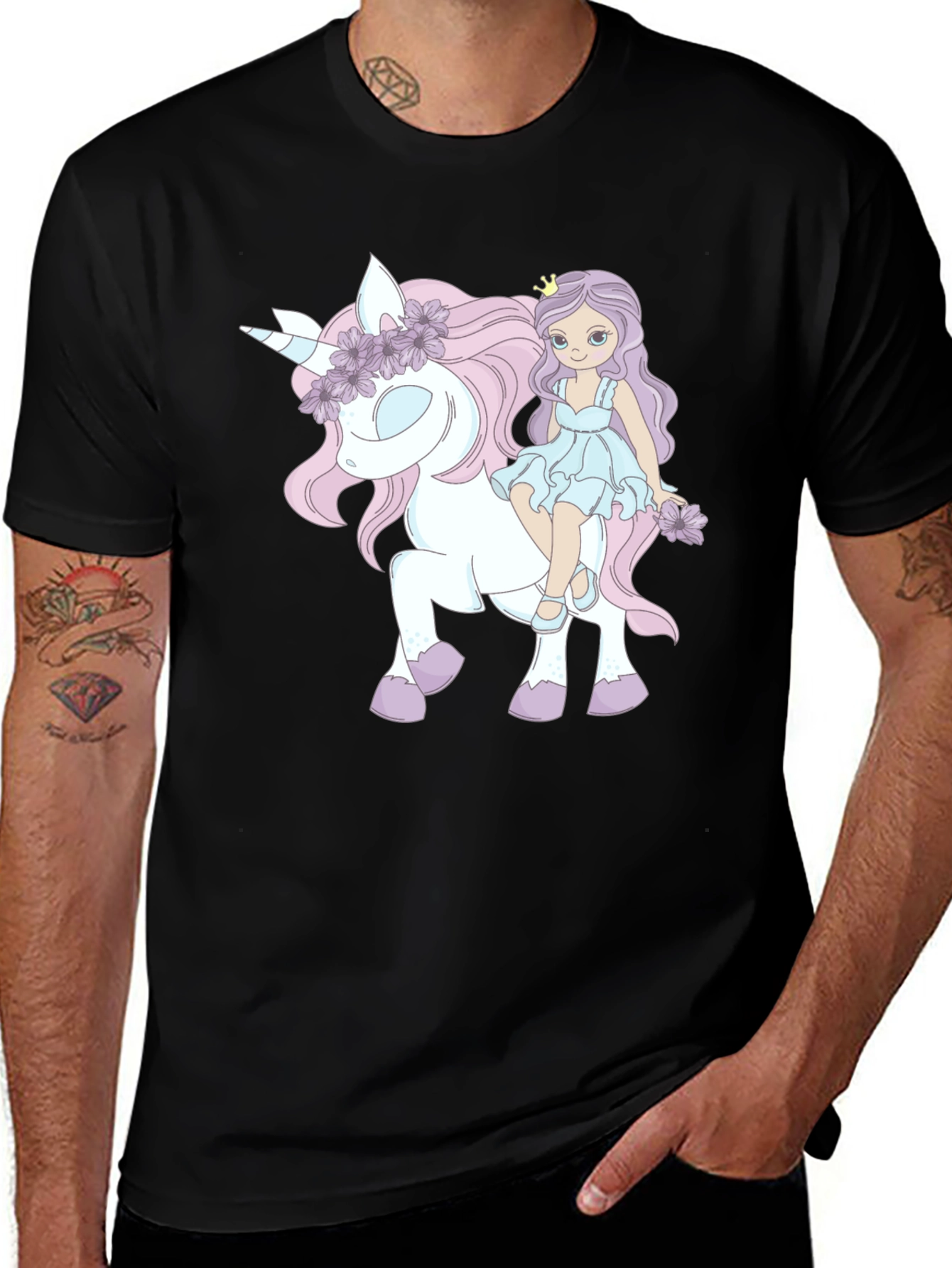 Variant 3 of Unicorn Girl Graphic Tee - Black Cotton Casual Wear