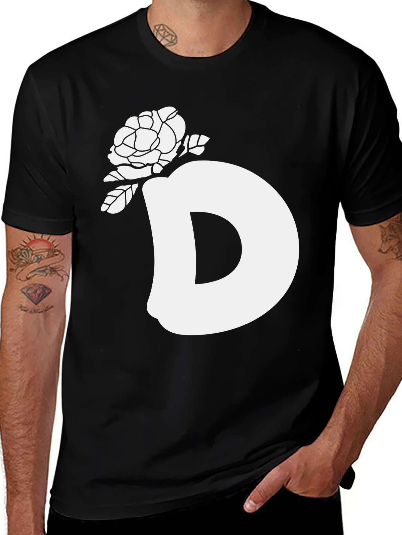 Variant 16 of Black T-Shirt with Floral "D" Design