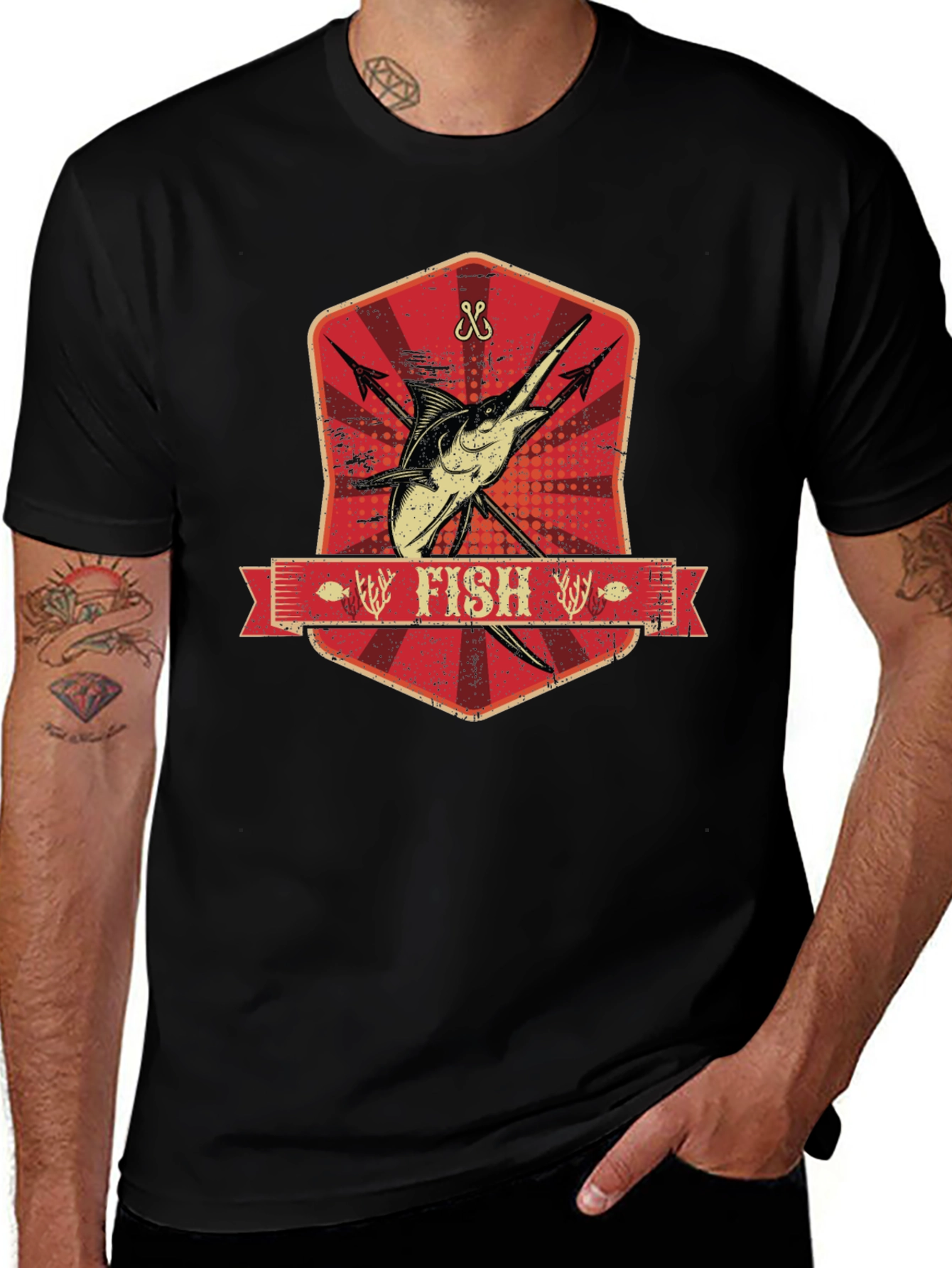 Variant 28 of Vintage Fish Design Black T-Shirt