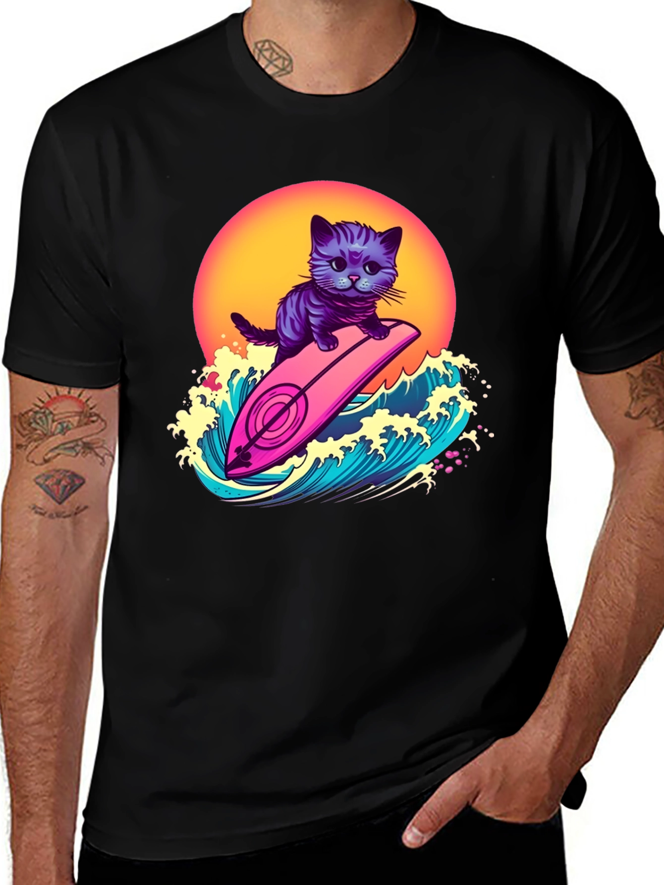 Variant 30 of Cool Cat Surfer T-Shirt - Retro Wave Style