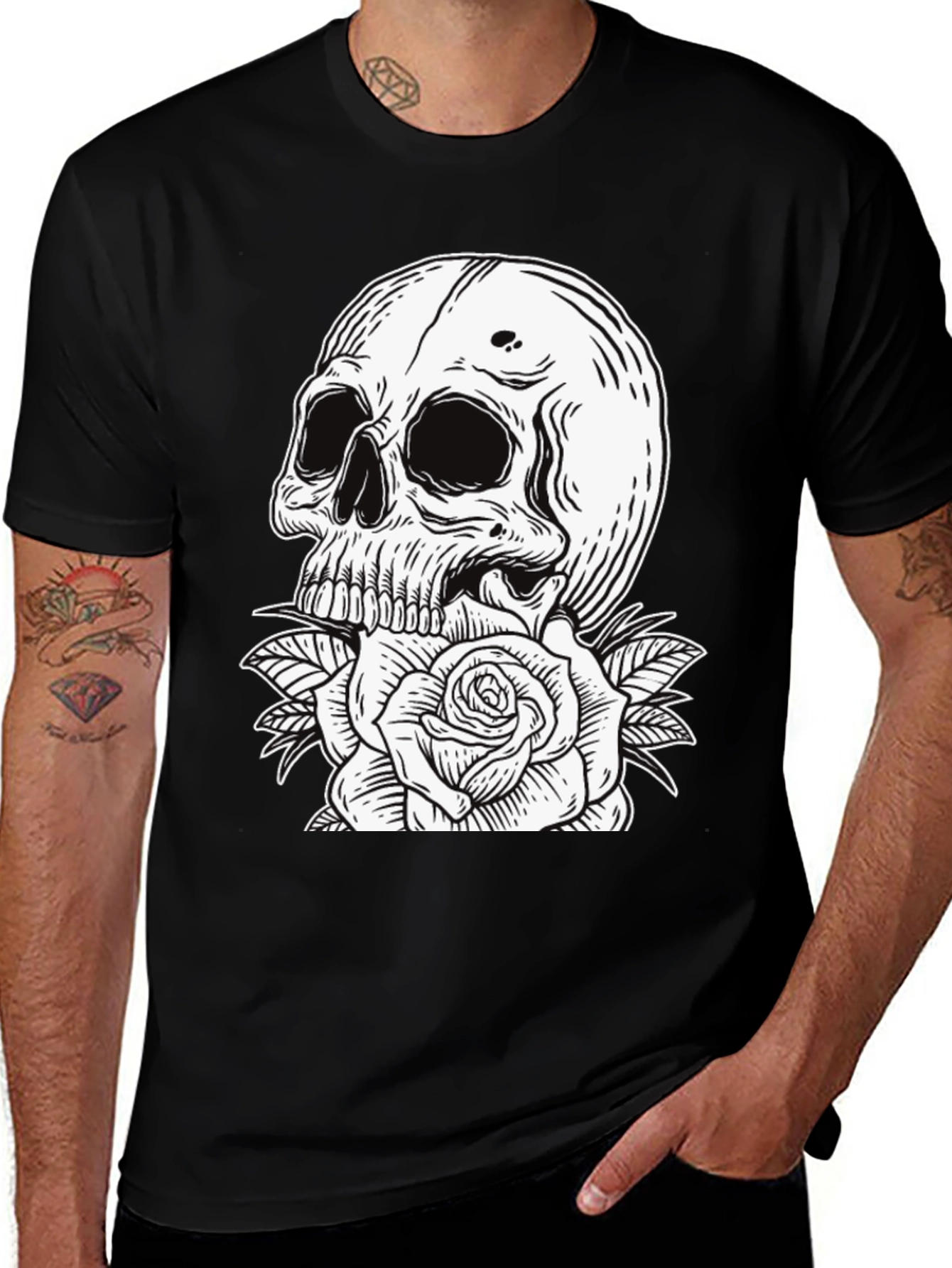 Variant 5 of Skull & Rose Graphic Tee - Black Cotton Blend