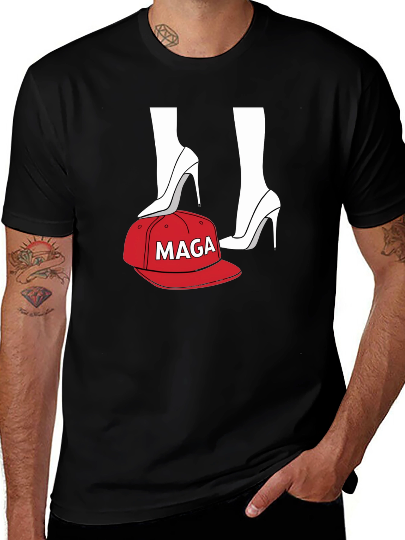 Variant 27 of Black T-Shirt with Heels and 'MAGA' Cap Design