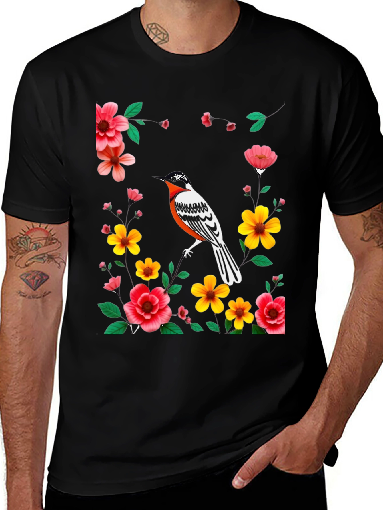 Variant 22 of Bird & Floral Print Black T-Shirt