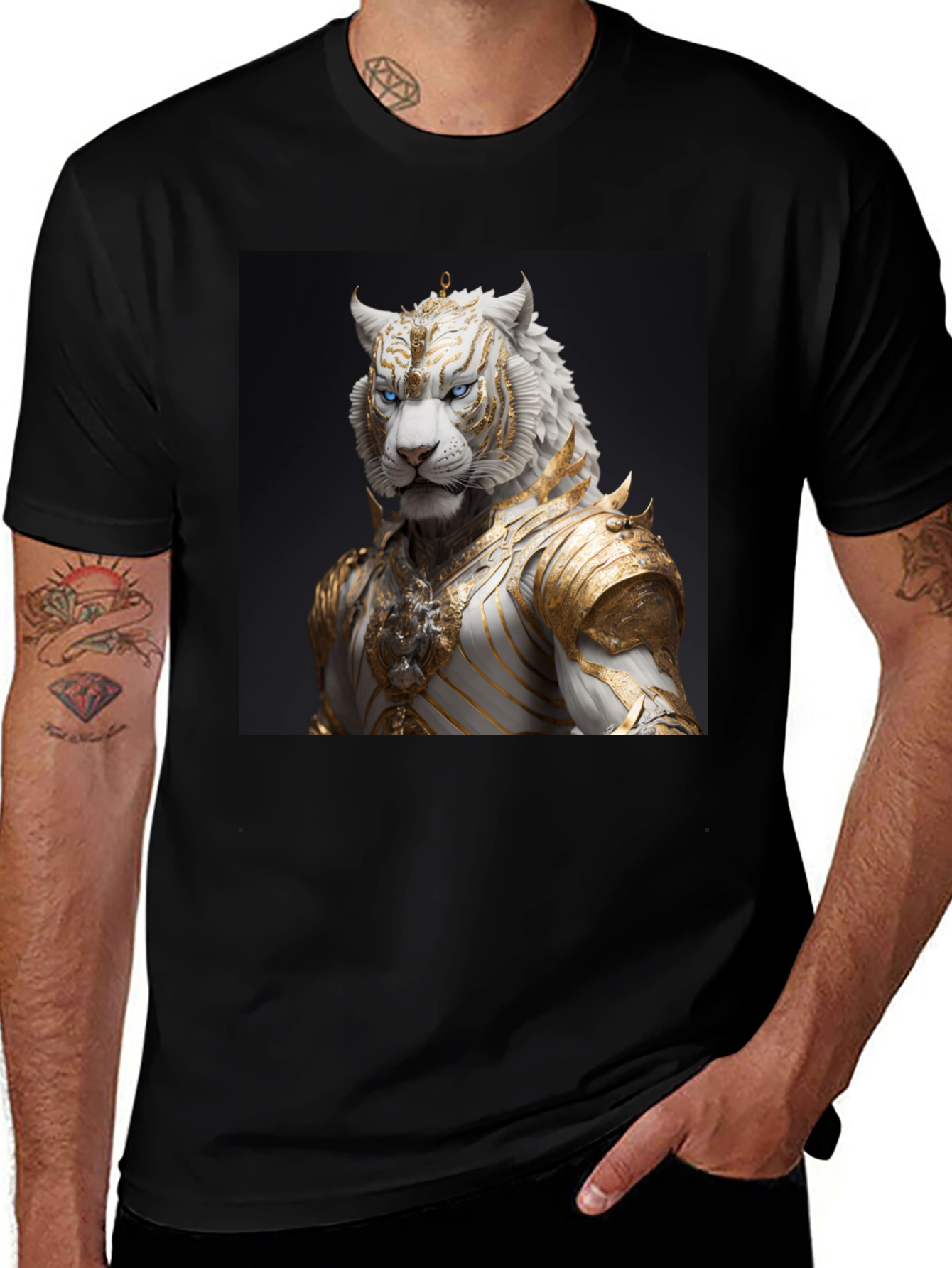 Variant 14 of Black T-Shirt with Regal White Tiger Graphic