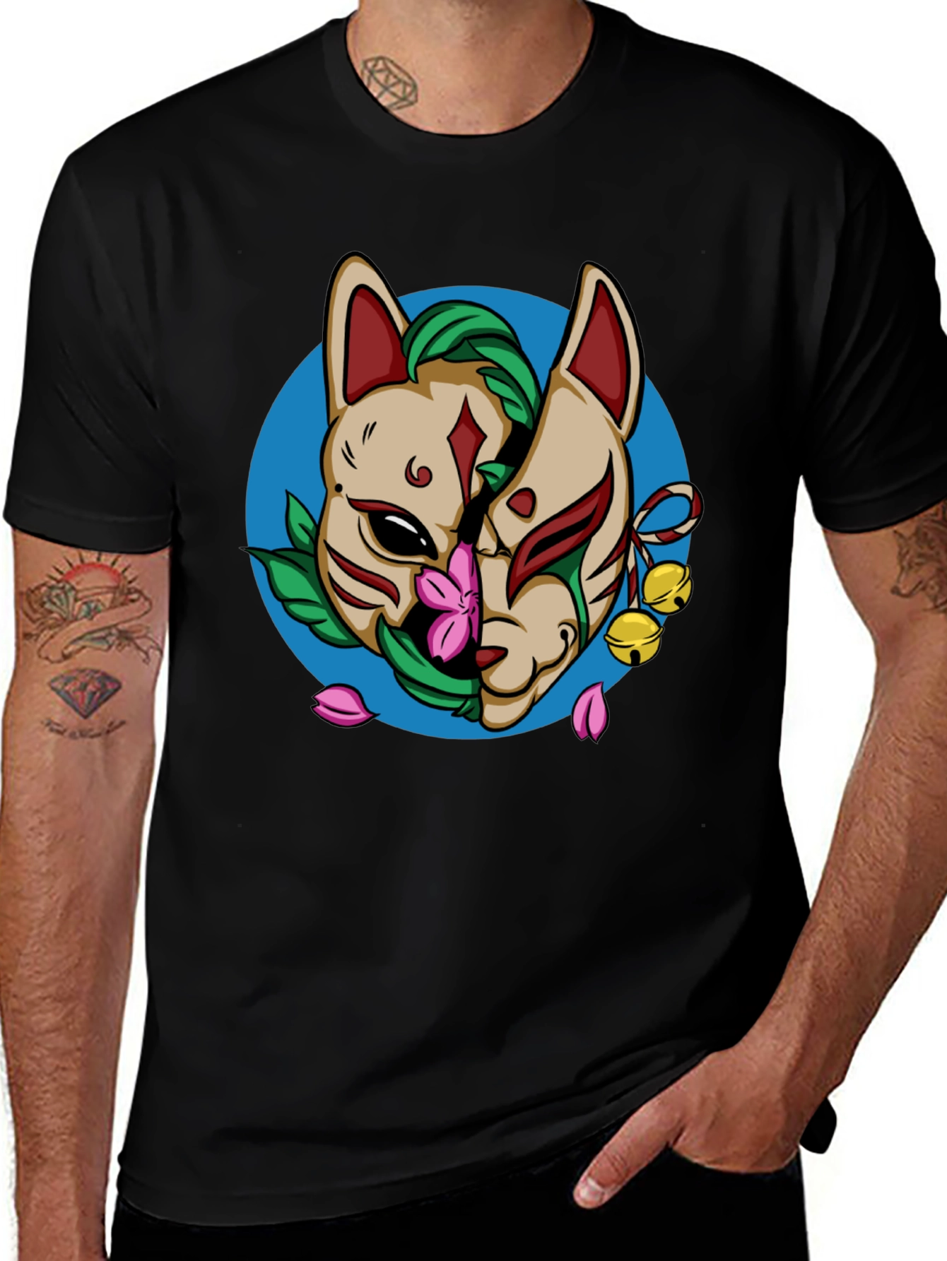 Fox Mask Graphic Tee - Black Cotton Casual T-Shirt