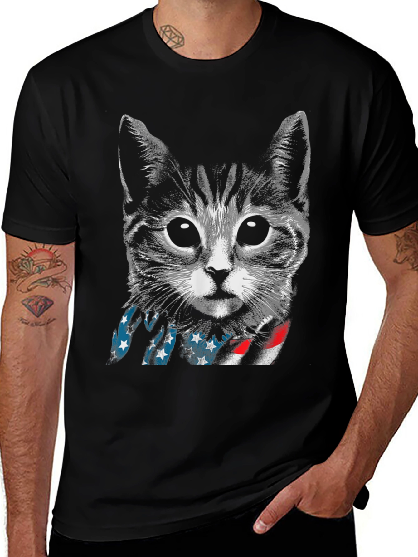 Variant 3 of Patriotic Cat T-Shirt - USA Flag Scarf