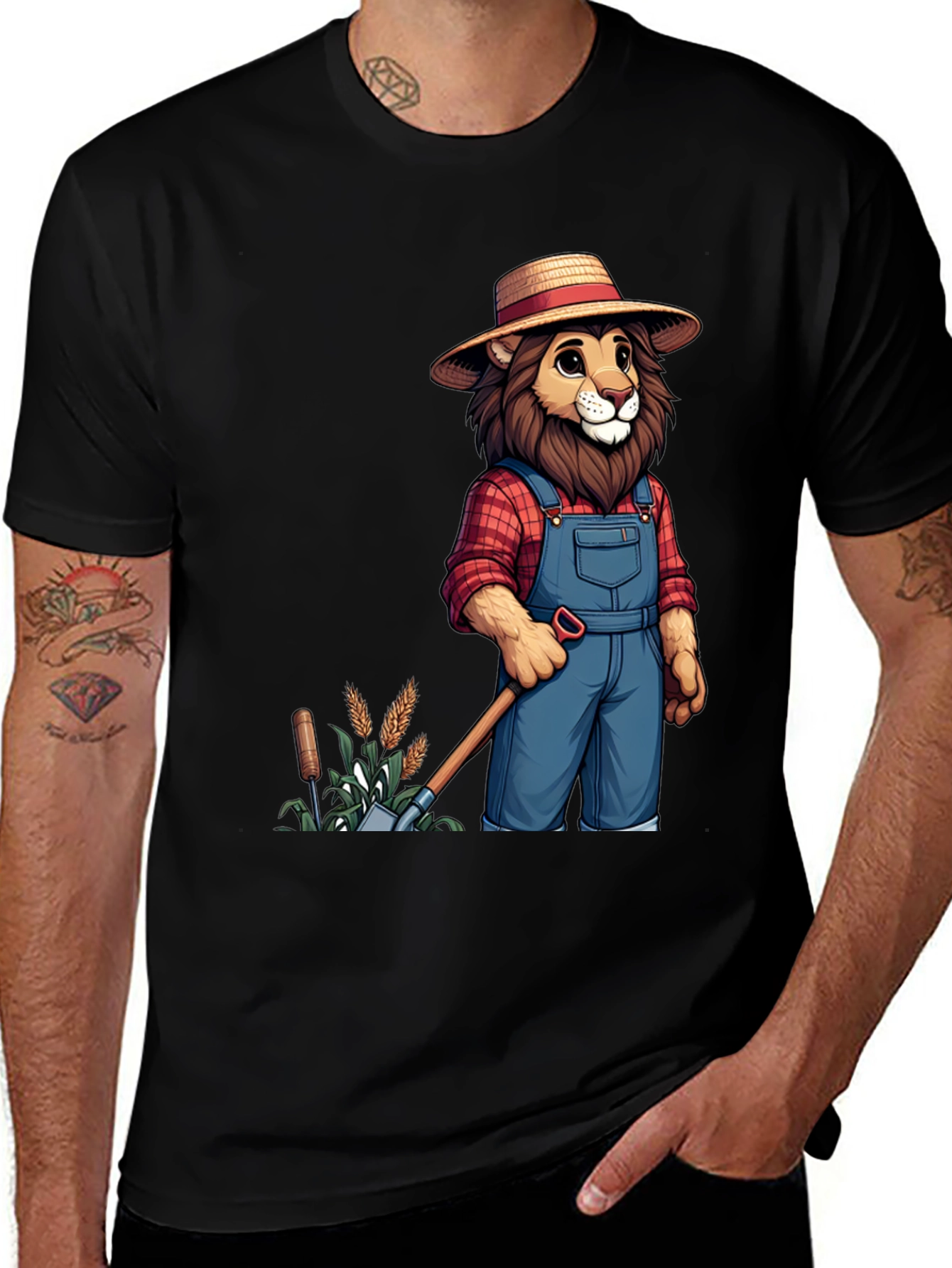 Lion Farmer Graphic Tee - Unique Cartoon T-Shirt