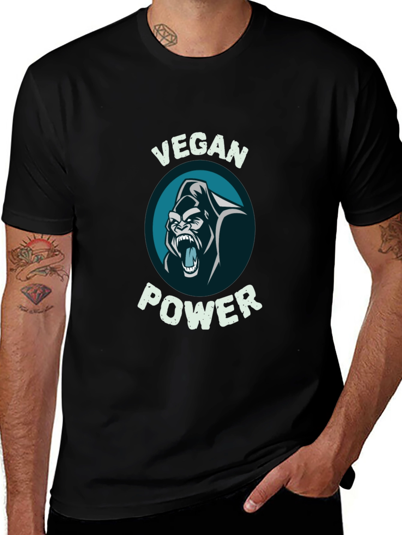 Black Vegan Power Gorilla Graphic T-Shirt main image