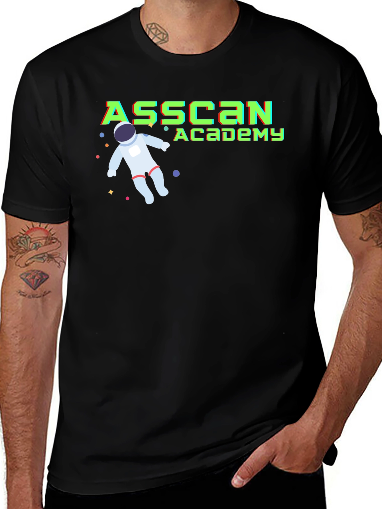 Variant 28 of Asscan Academy Black T-Shirt with Astronaut Design