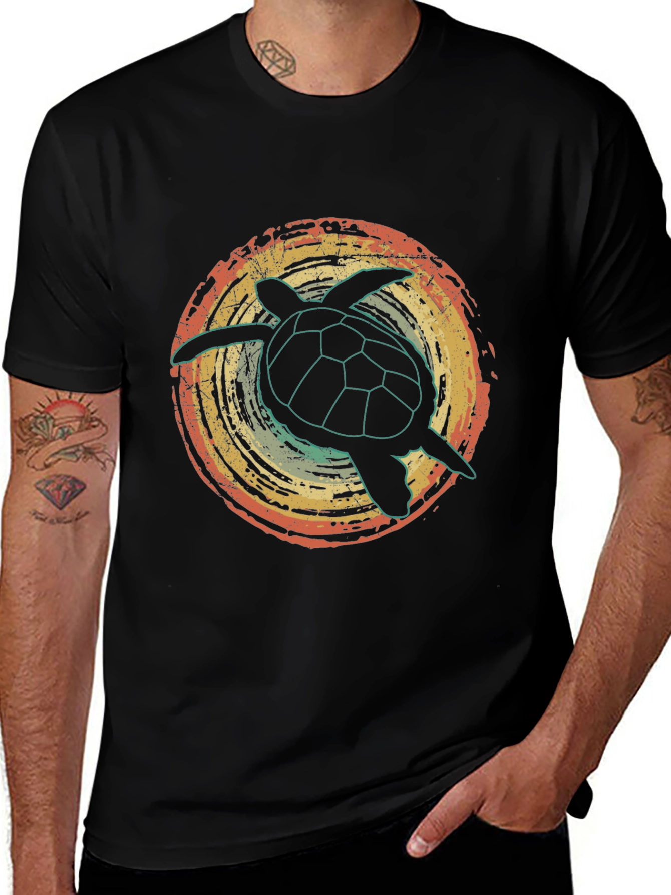 Black Retro Turtle Graphic Tee - Vintage Style Black T-Shirt main image