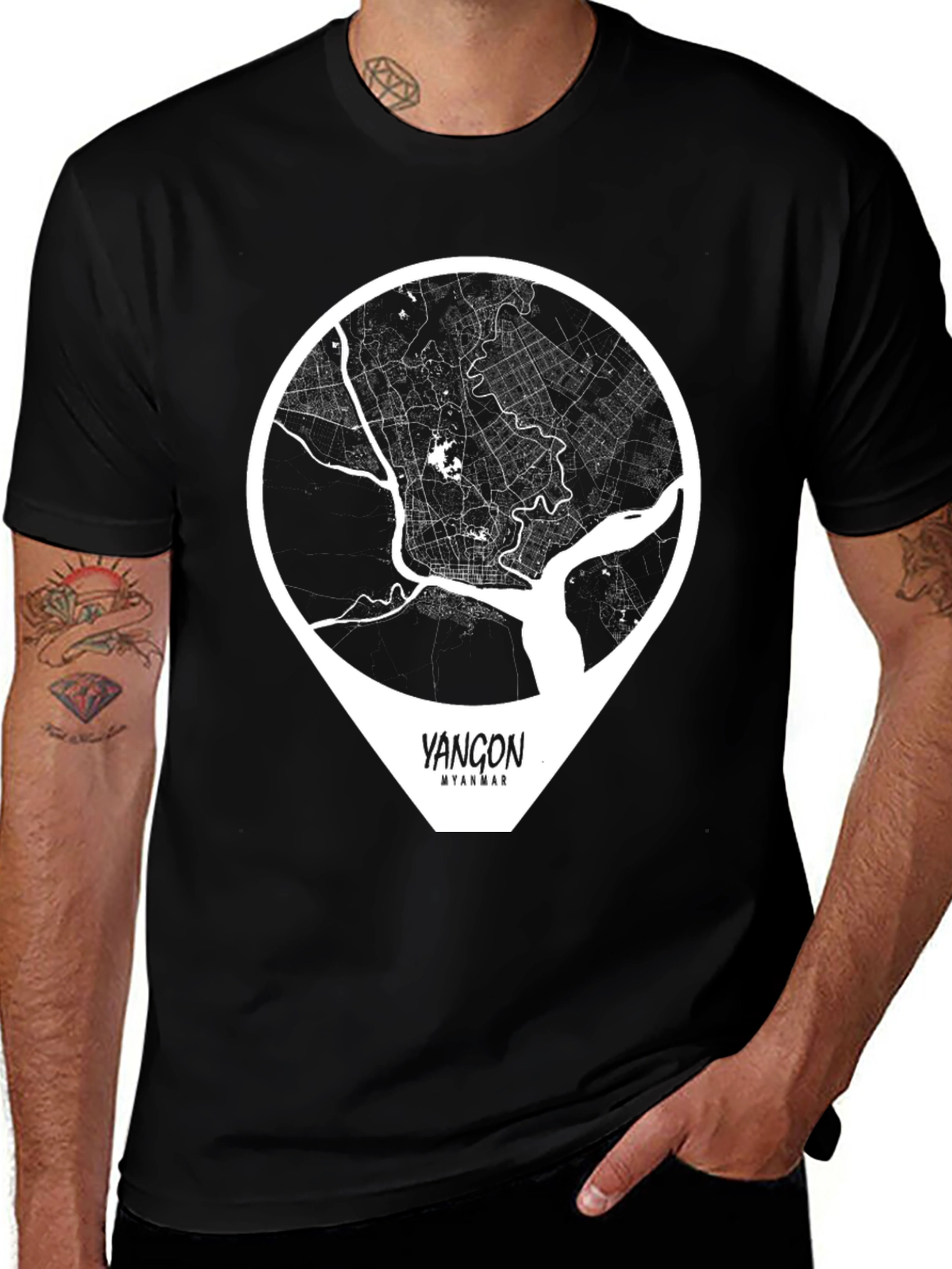 Variant 5 of Yangon Myanmar Map Graphic Tee - Black Cotton T-Shirt