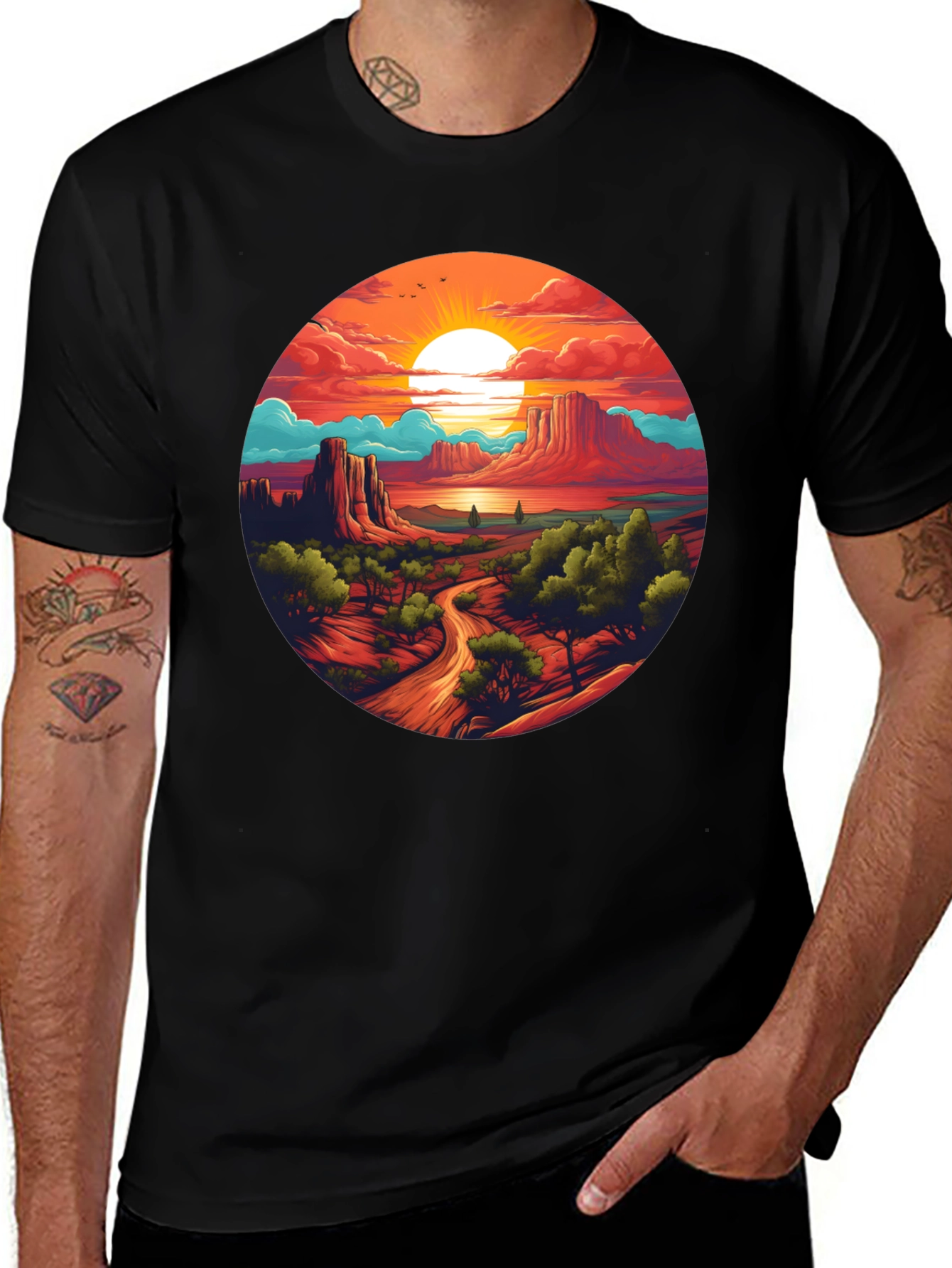 Variant 19 of Desert Sunset Graphic Tee - Black Cotton T-Shirt