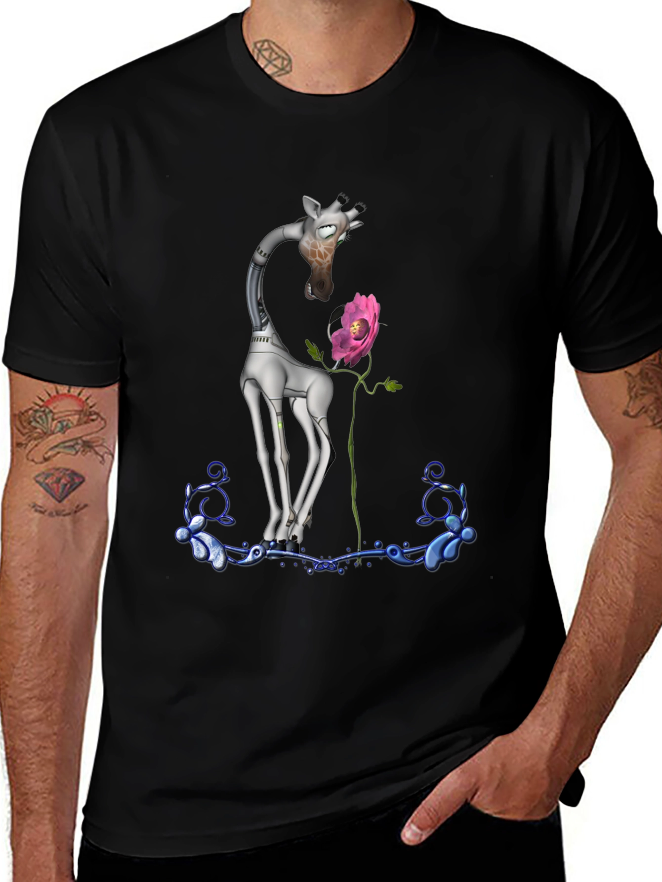 Variant 10 of Robotic Giraffe & Flower Graphic Tee - Quirky Black T-Shirt