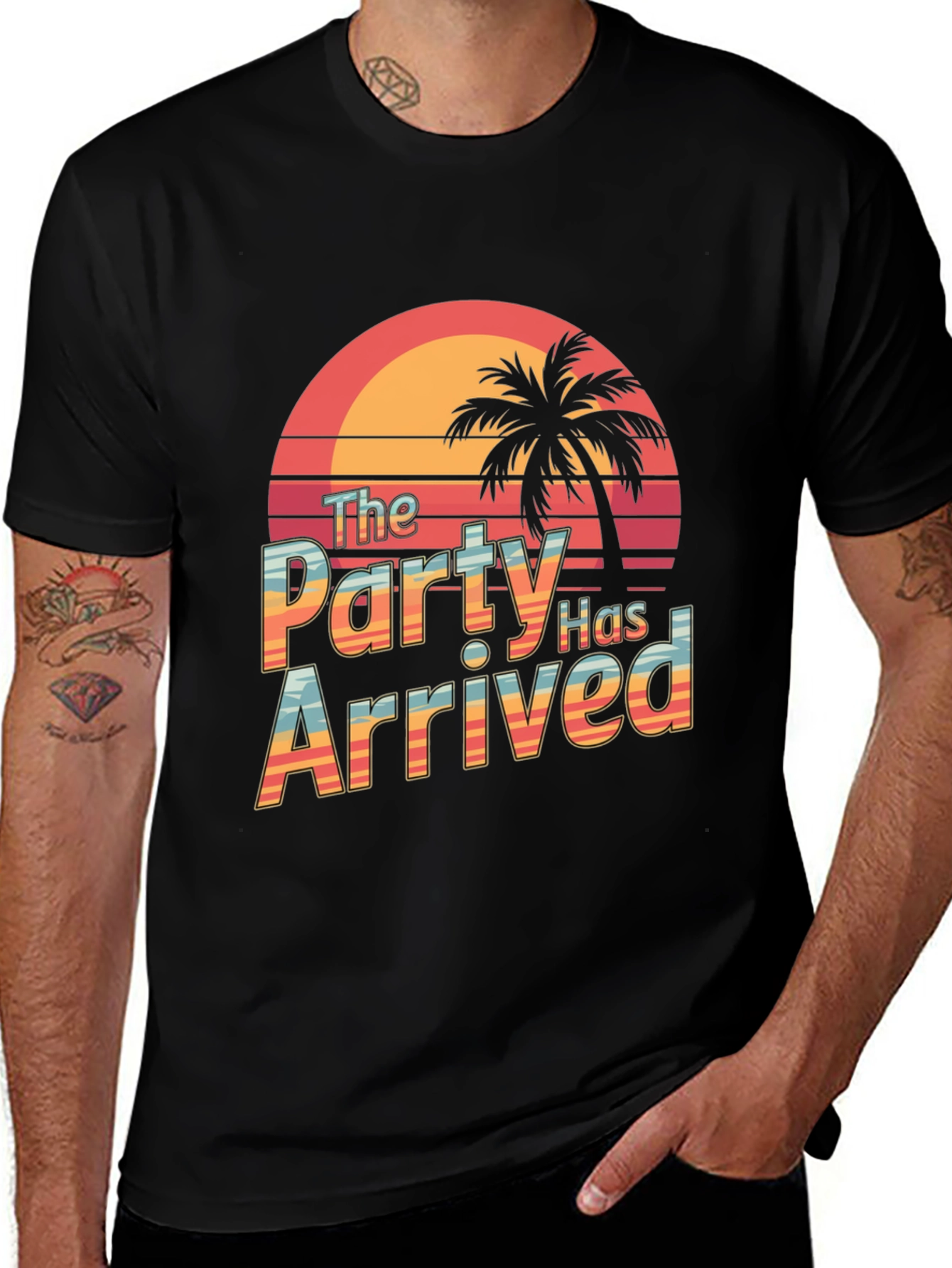 Variant 24 of Party Has Arrived Black T-Shirt: Tropical Sunset Design