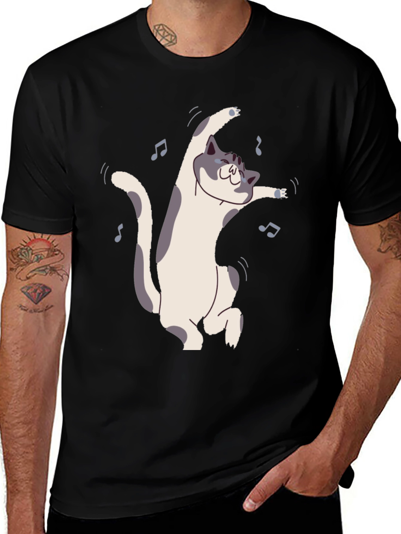 Dancing Cat Graphic Tee - Black Cotton T-Shirt