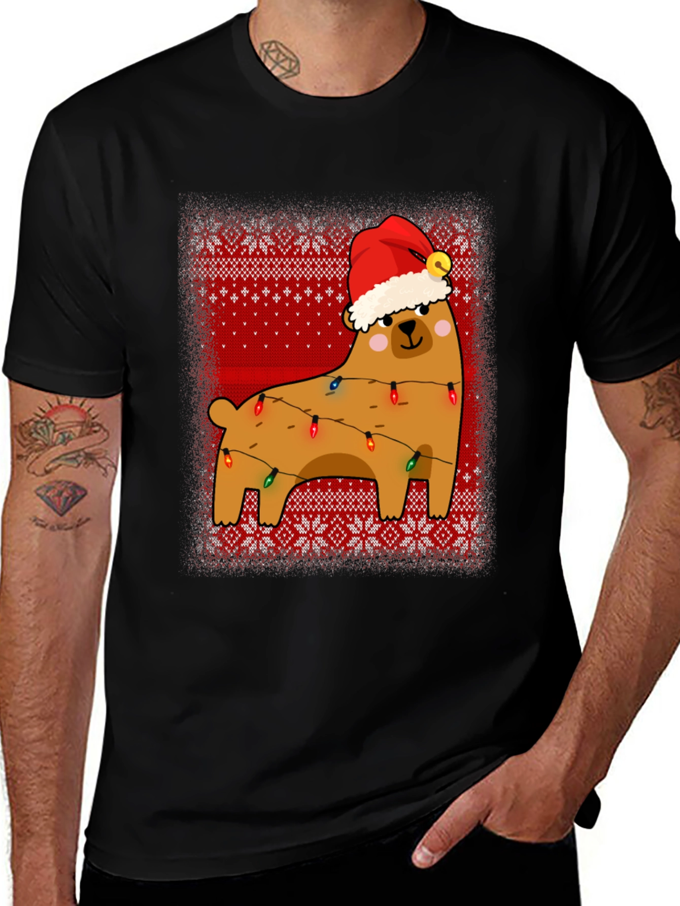 Bear Christmas Lights Sweater Pattern Graphic T-Shirt