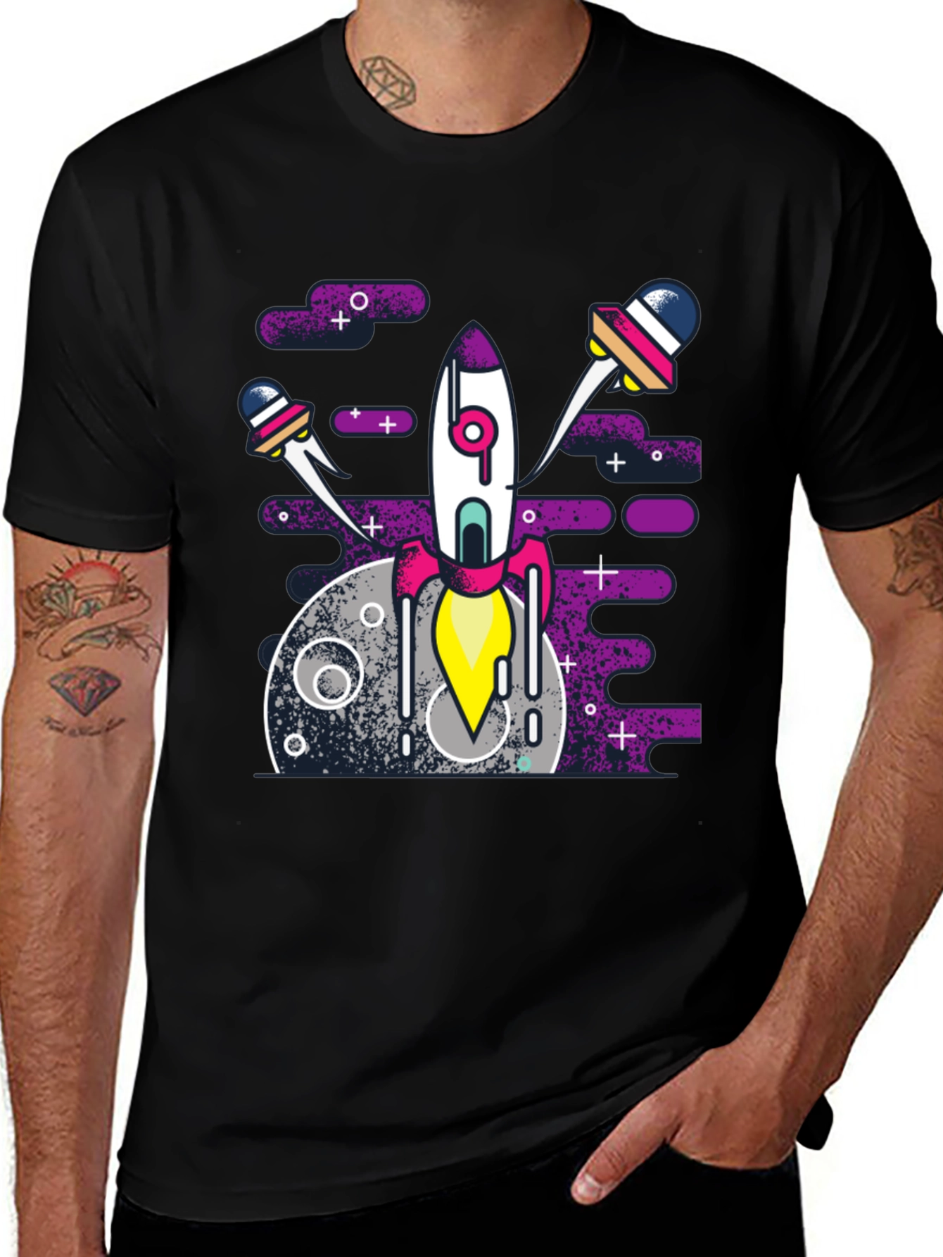 Variant 14 of Space Rocket Graphic Tee - Black Cotton Blend Shirt