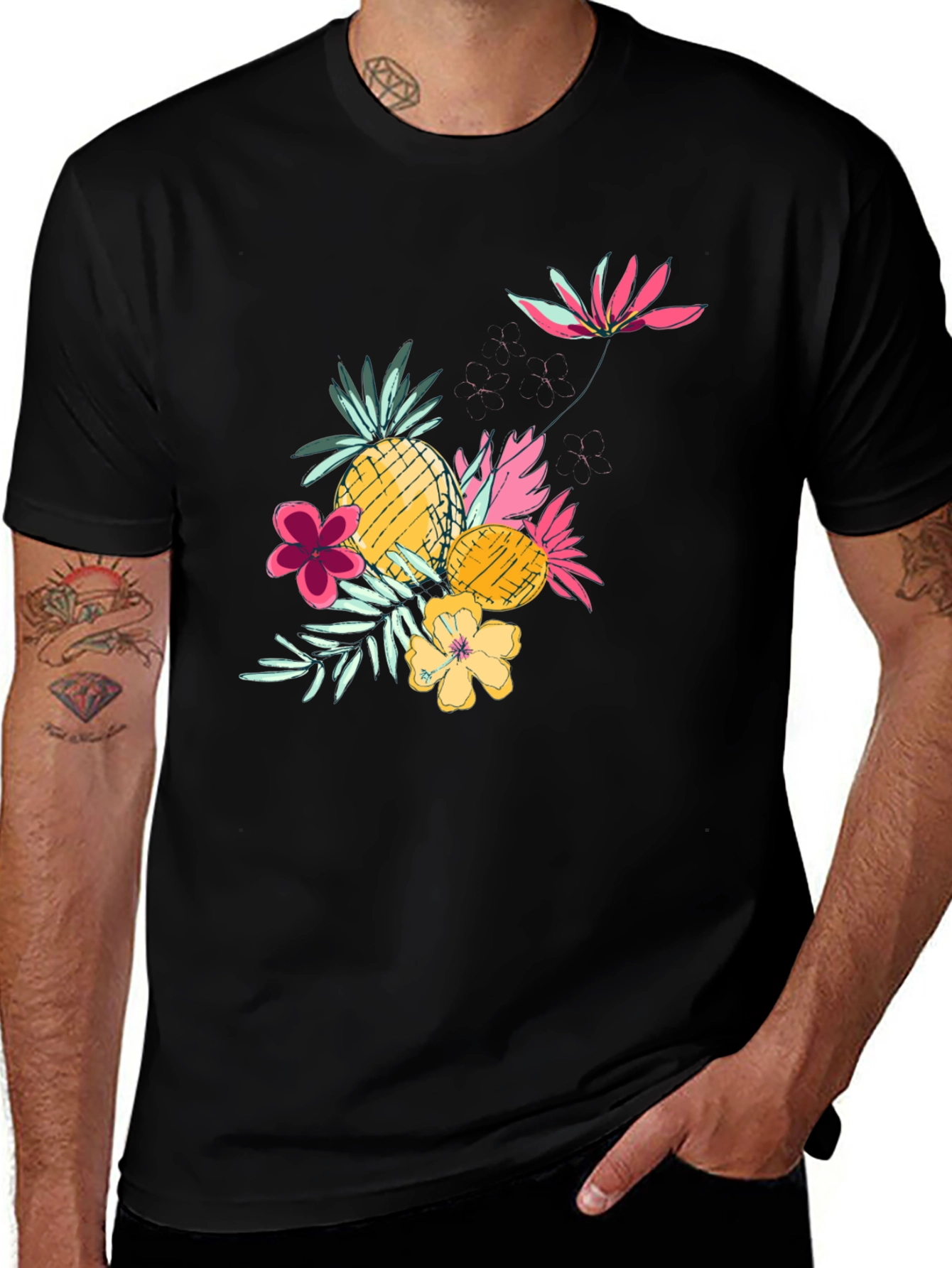 Variant 30 of Tropical Pineapple & Flower Graphic Black Tee