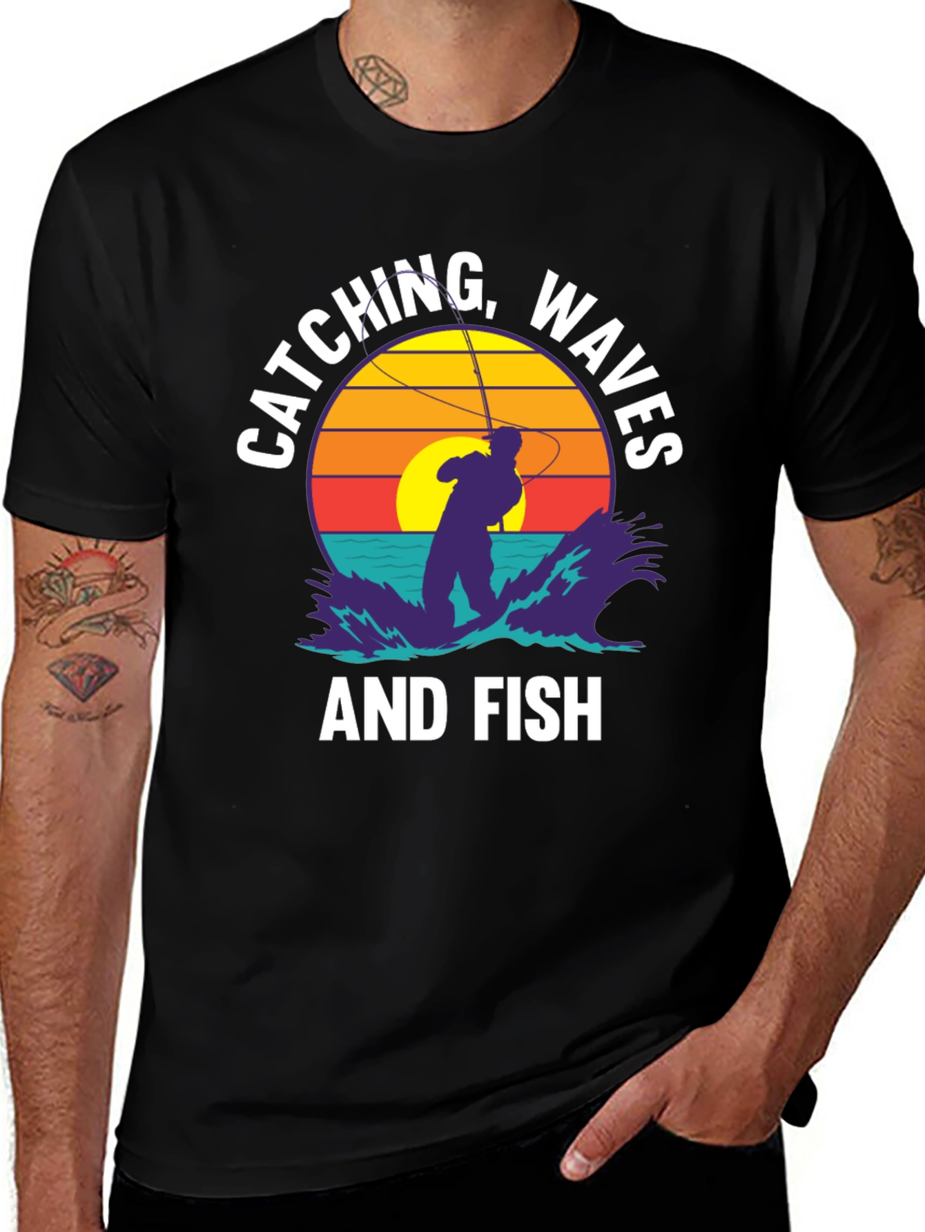 Variant 21 of Catching Waves & Fish Graphic Tee - Retro Sunset Design