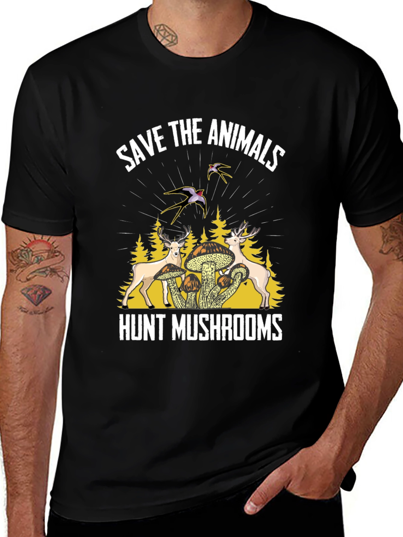 Variant 25 of Save Animals Hunt Mushrooms Black Graphic T-Shirt