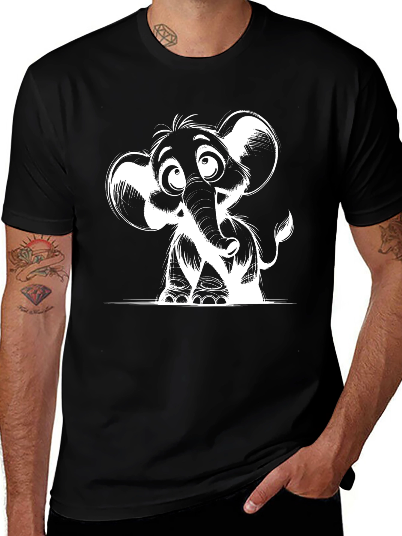 Variant 9 of Cartoon Elephant Graphic Print Black T-Shirt