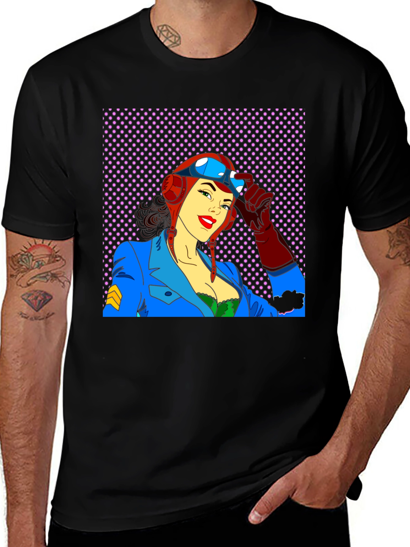 Variant 18 of Retro Pilot Girl T-Shirt - Black Crew Neck Tee