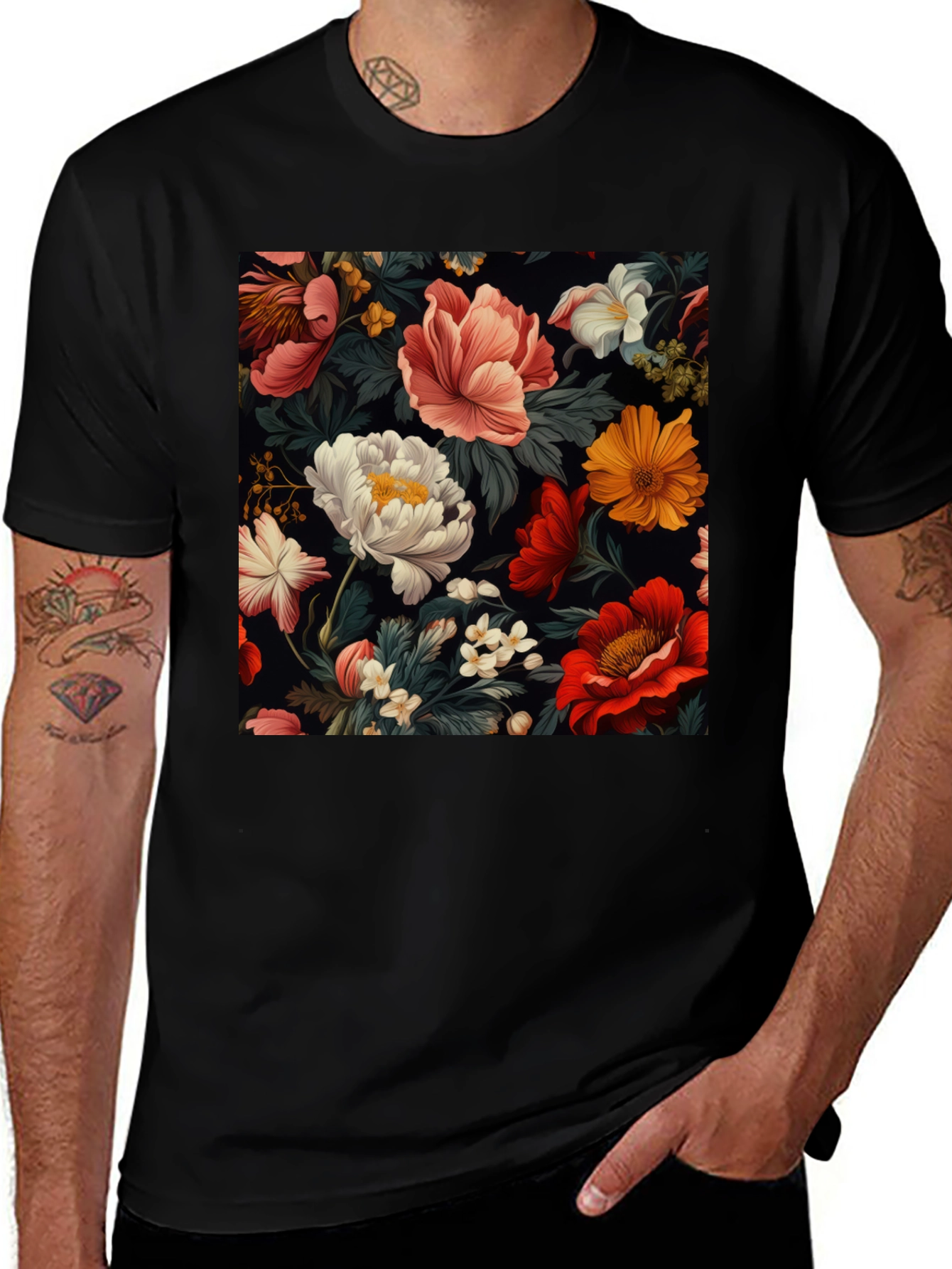 Variant 4 of Floral Print Black T-Shirt