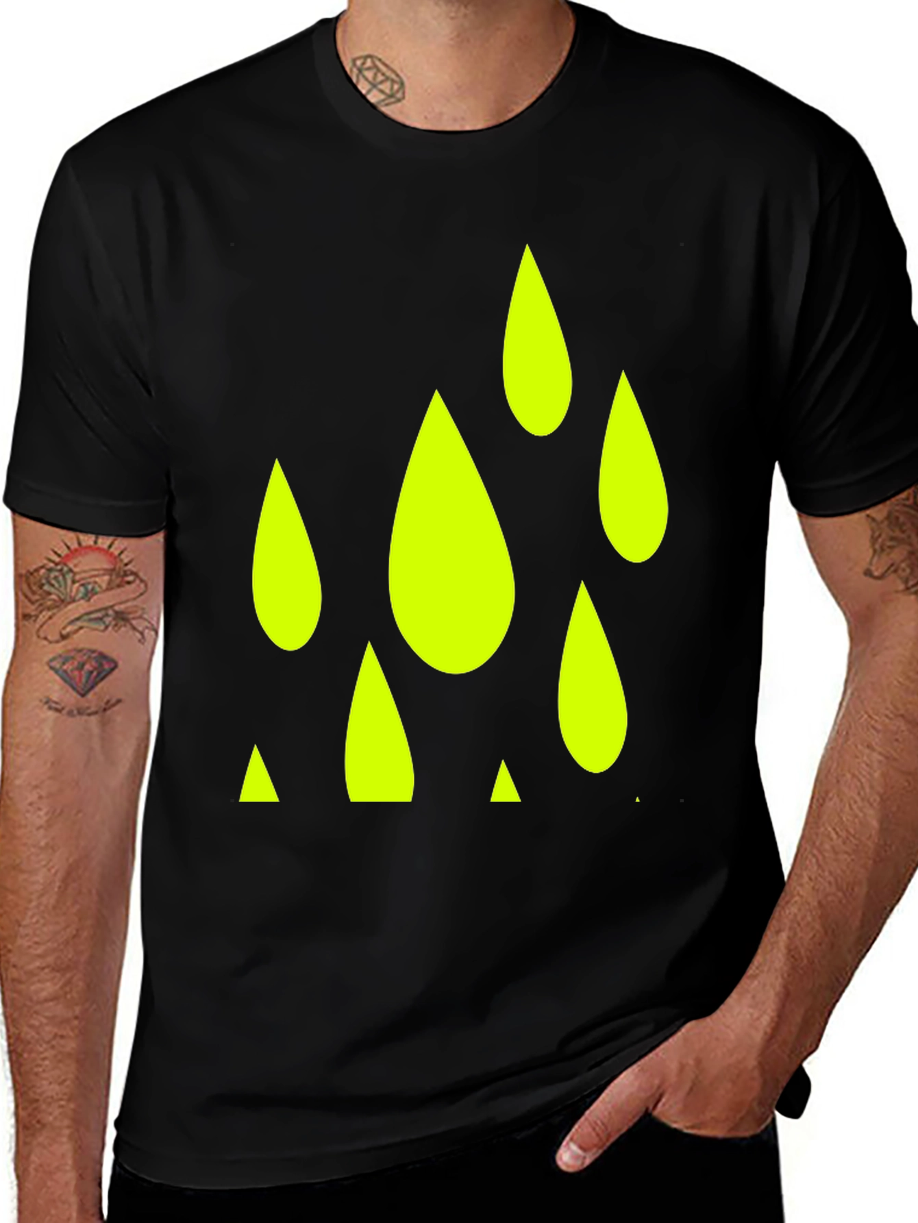 Black T-Shirt with Neon Green Graphic Raindrops