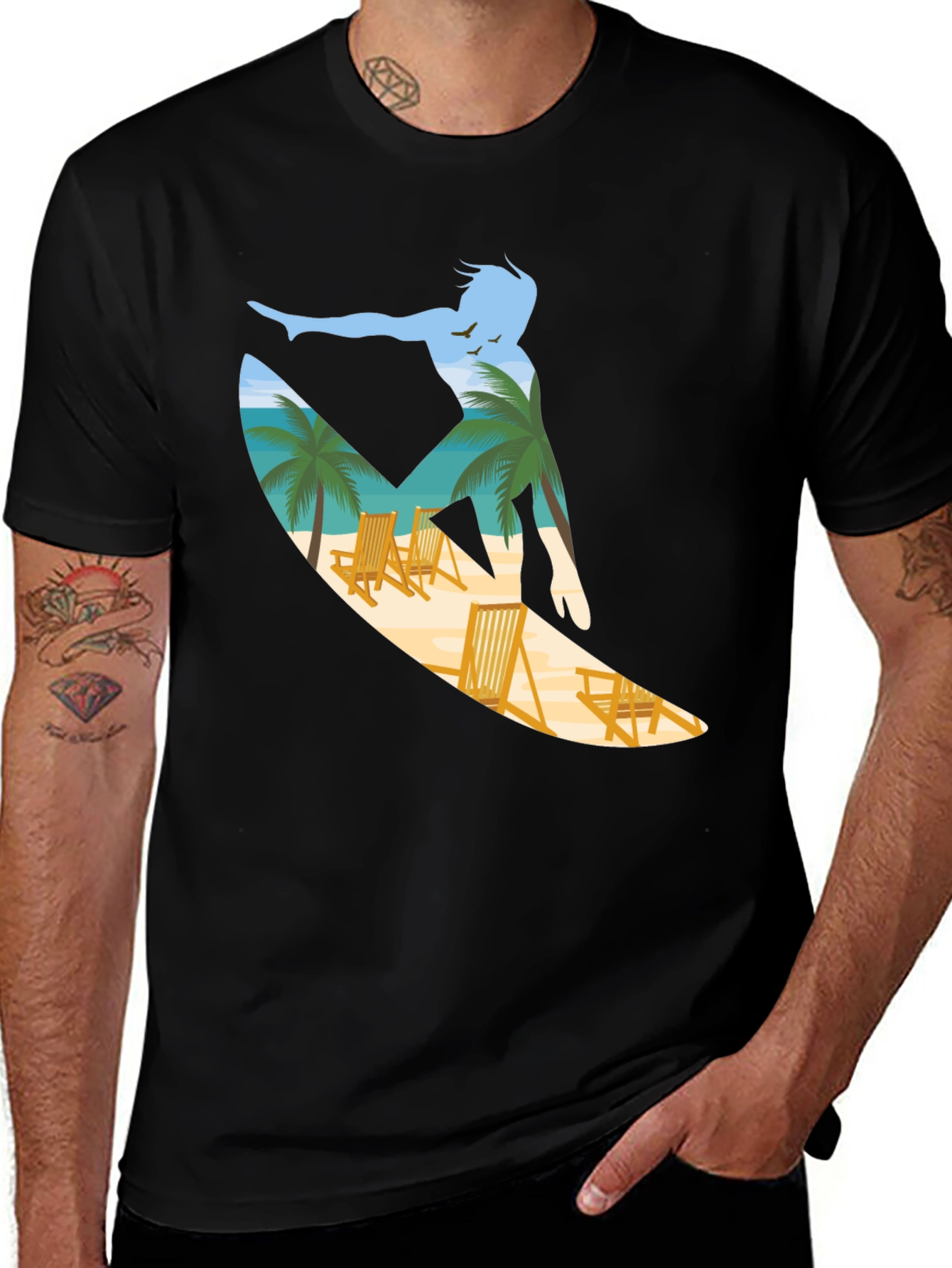 Variant 14 of Surfer Beach Scene Graphic Tee - Black